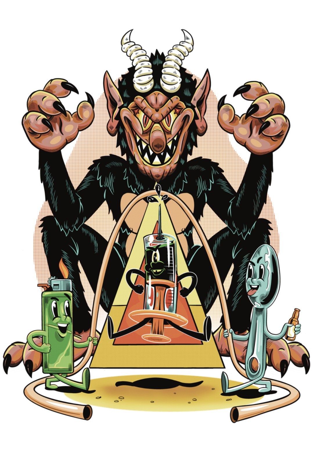 Cartoon heroin paraphernalia jump roping in dark satire illustration