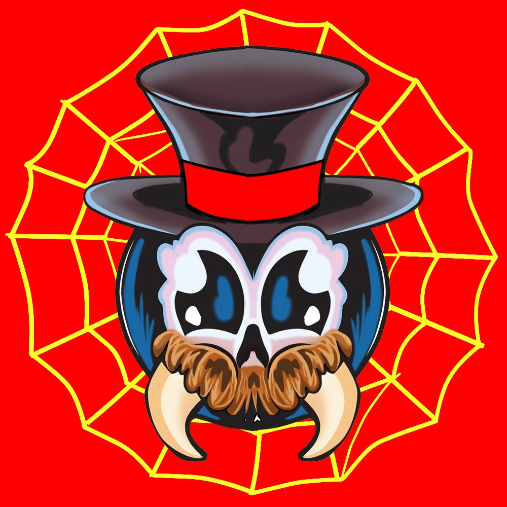A cartoon skull with blue eye sockets, wearing a top hat with a red band, and a brown beard with large tusks, placed on a red background with a yellow spider web.