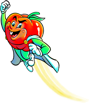 Animated character of a apple with a face, arms, and legs,in a superherpo fly by pose