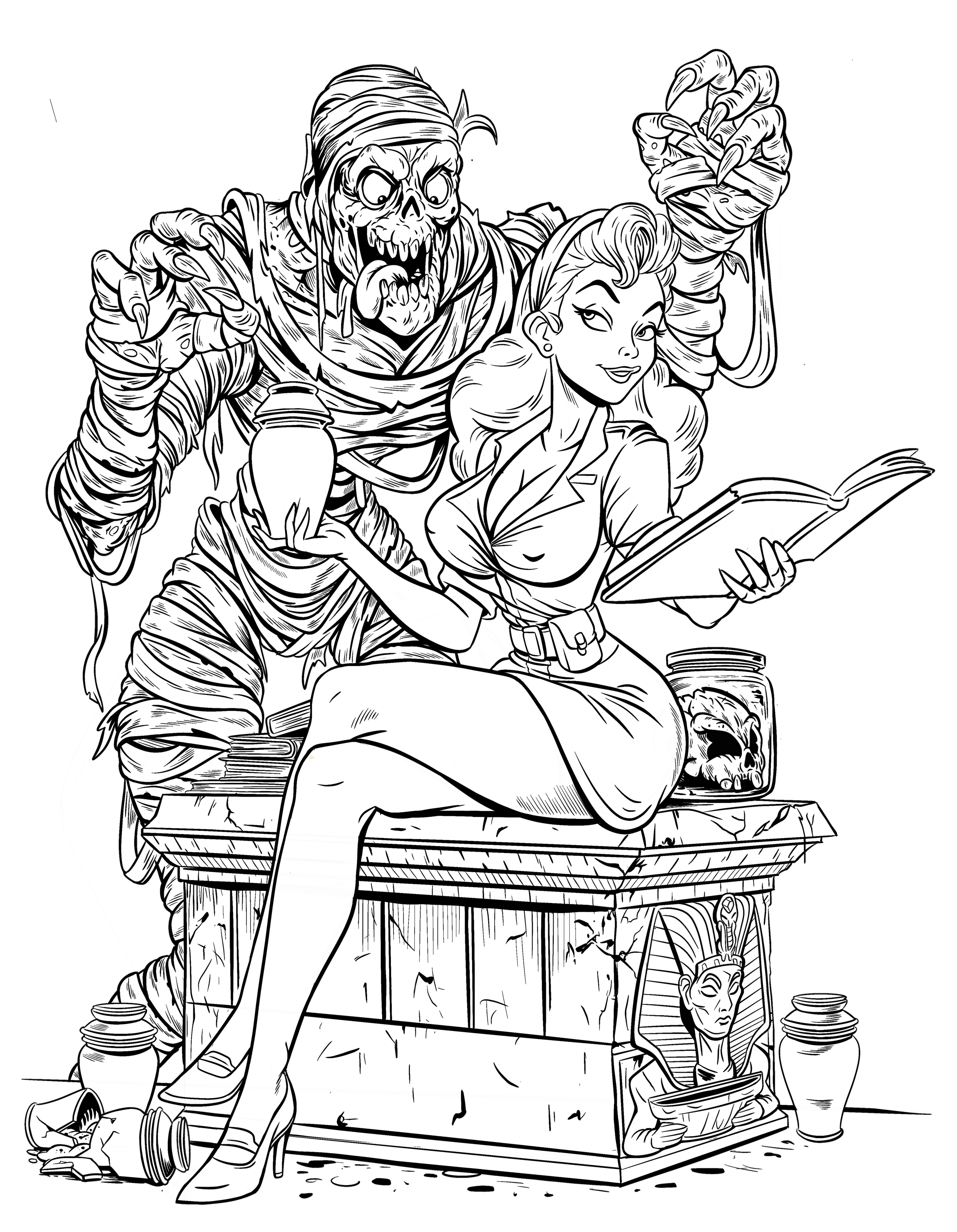 Pin-up horror illustration of a gothic mummy woman with bold ink linework and high-contrast pulp styling