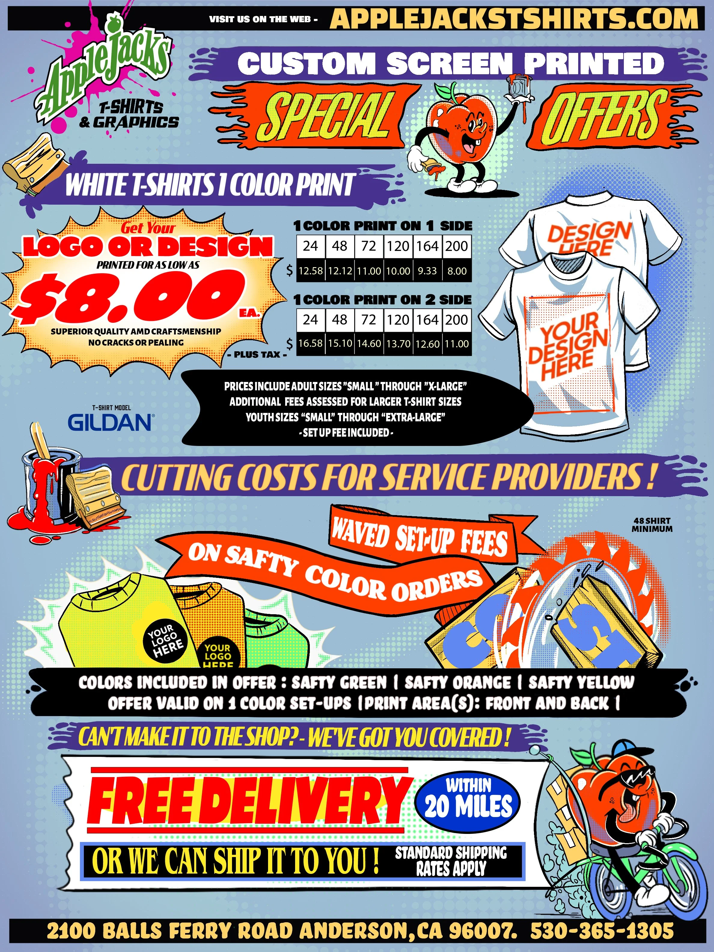 Advertisement for custom screen printed T-shirts and graphics by AppleJacks. Offers include low-cost logo or design printing on white T-shirts with options for one or two-sided color prints. Pricing details based on print size and colors, with additional fees for larger sizes. Promotes safety color orders, discounts, and free delivery within 20 miles, with shipping available nationwide. Contact information and address provided.
