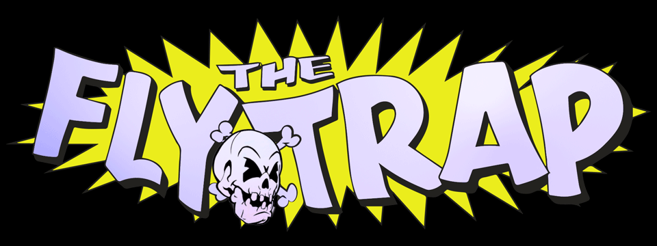 Text that says 'The Fly Trap' with a skull illustration and yellow burst background.