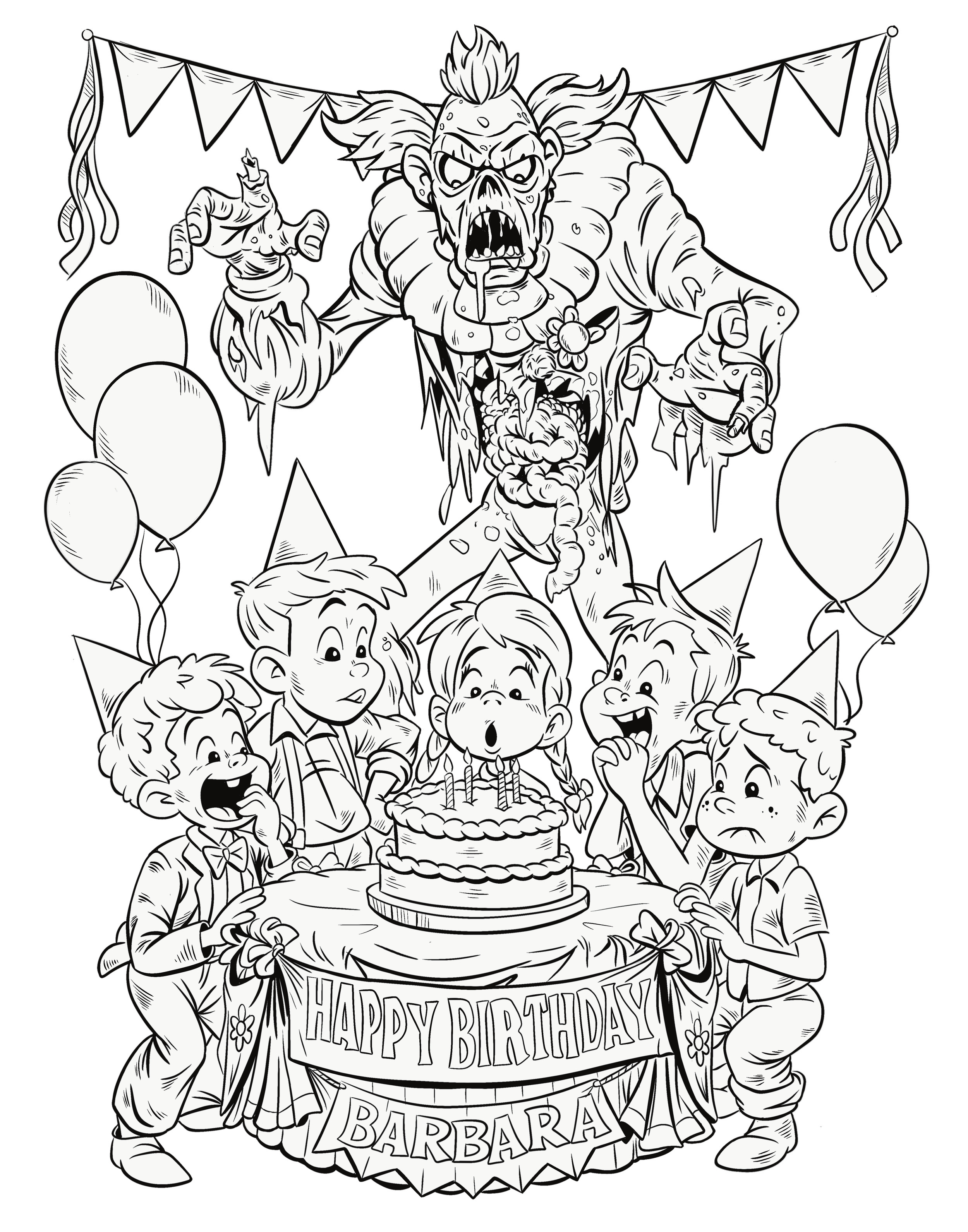 A black and white illustration of a children's birthday party with a spooky clown or monster figure in the background, and five children wearing party hats around a birthday cake with lit candles. The cake has a banner that says 'HAPPY BIRTHDAY BARBARA'. The children appear surprised and excited.