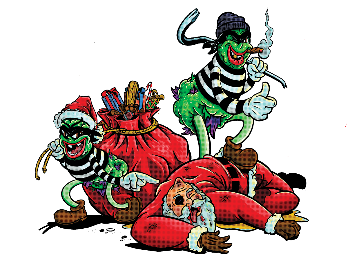 to cartoon weed buds beating and robbing santa