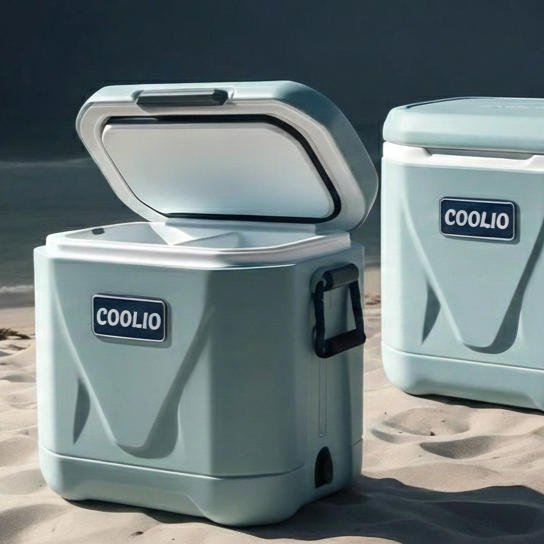 Industrial design project by Rog Design Studio showing a portable cooler concept photographed on sand, designed for usability, durability, and modern outdoor living.