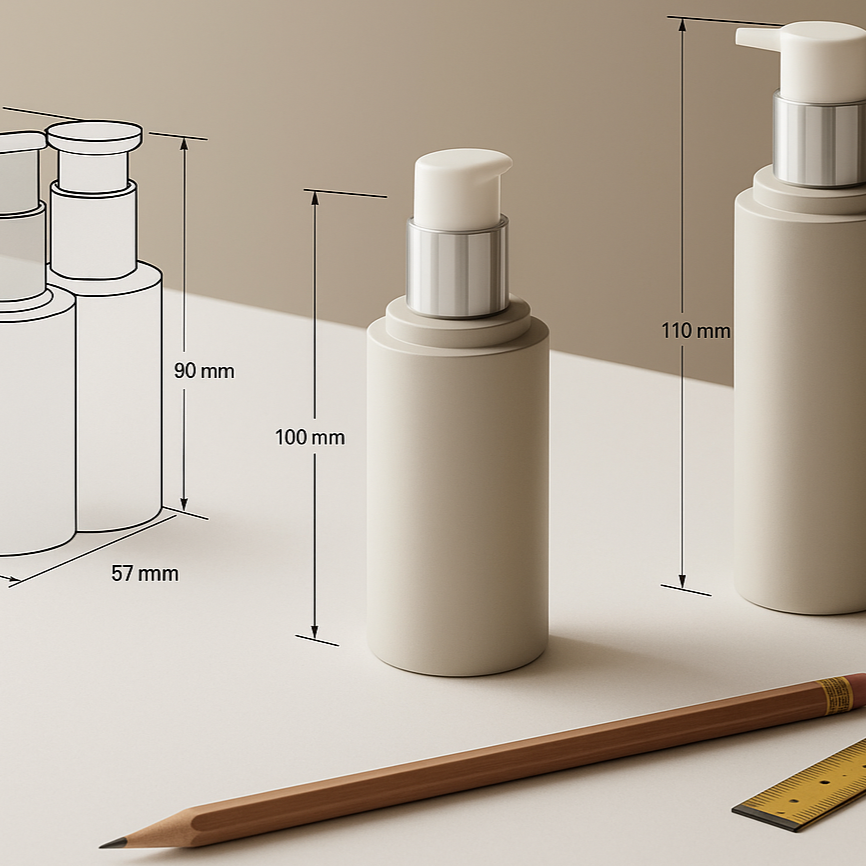 Custom packaging design for a skincare bottle by Rog Design Studio, featuring precise structural dimensions and development sketches for a unique container design.
