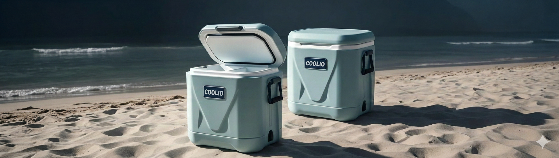 Industrial design project by Rog Design Studio showing a portable cooler concept photographed on sand, designed for usability, durability, and modern outdoor living.