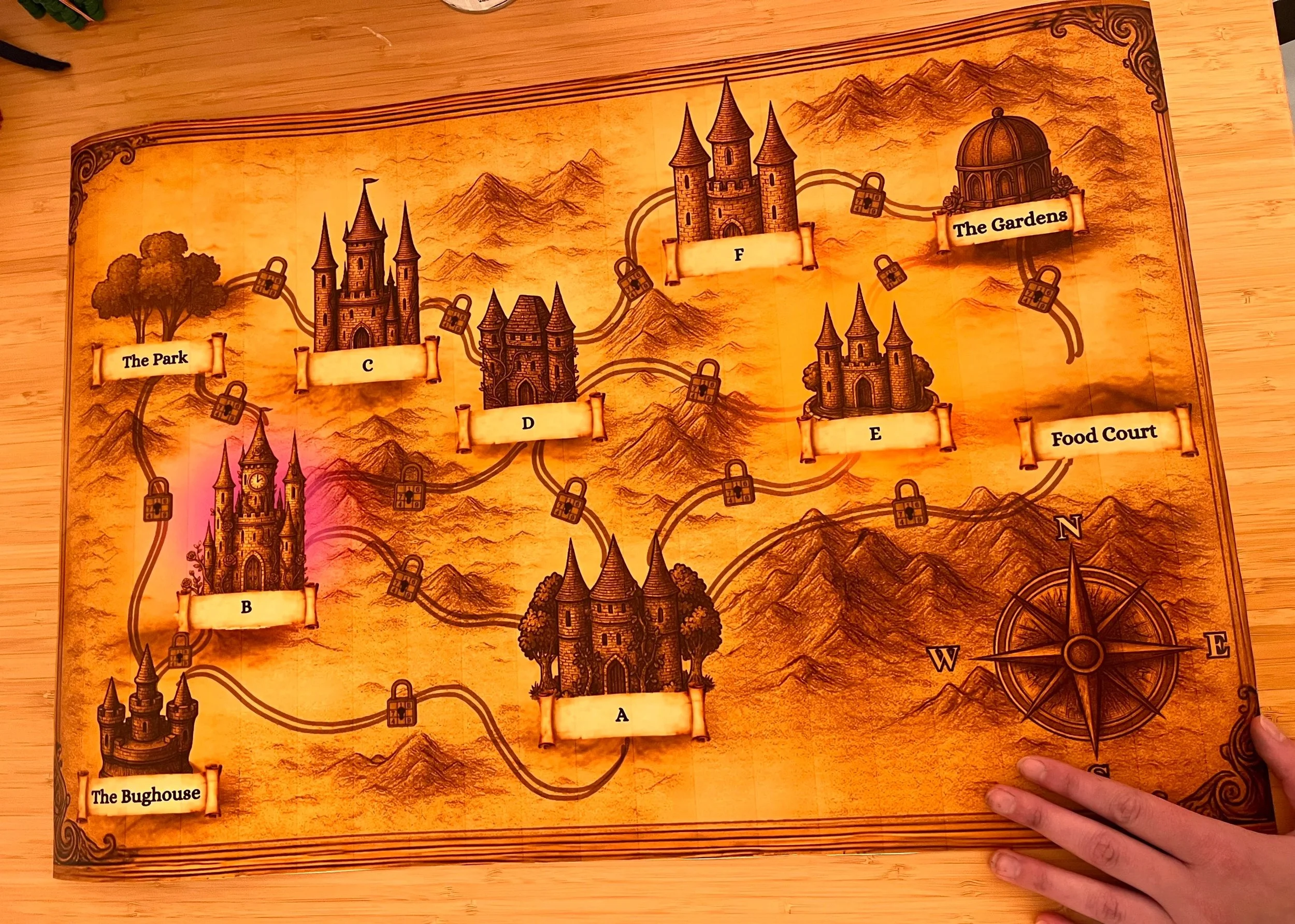 The whimsical version of Lighthaven Campus, each strong hold representing a territory that must be claimed, made by Angelina Duran 