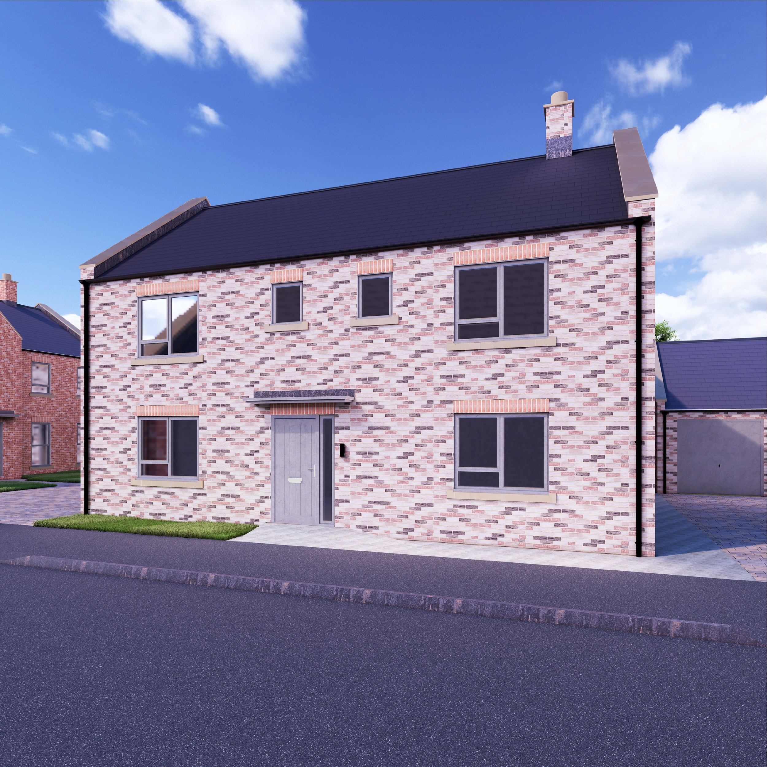 Modern two-story brick house with large windows, a sloped roof, and a car parked in the driveway surrounded by trees and shrubs.