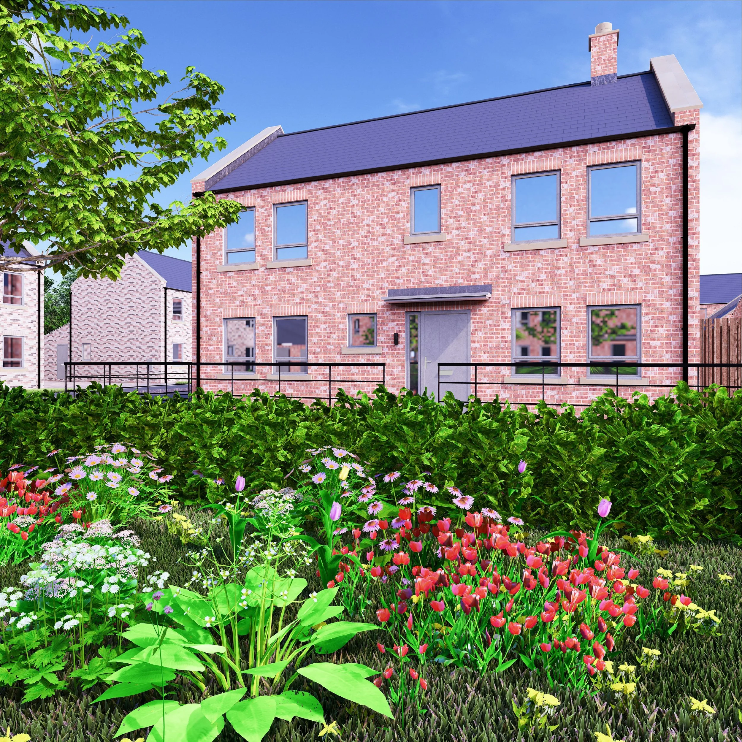 Modern two-story house with brick and white exterior, large windows, a gray garage door, surrounded by a paved driveway, neatly trimmed hedges, and a wooden fence.