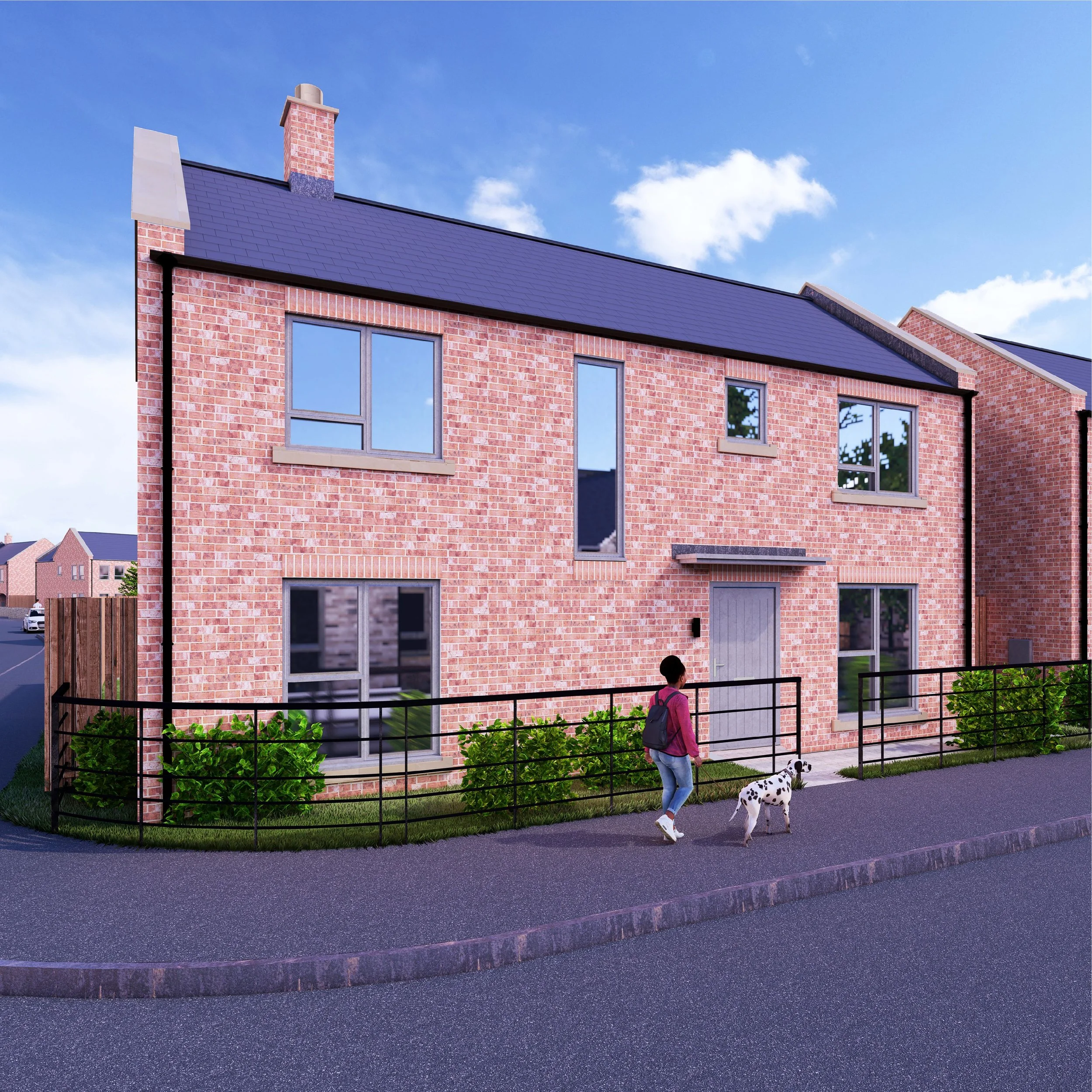 Modern two-story house with brick and white facade, large windows, garage, and garden with shrubs and flowers.