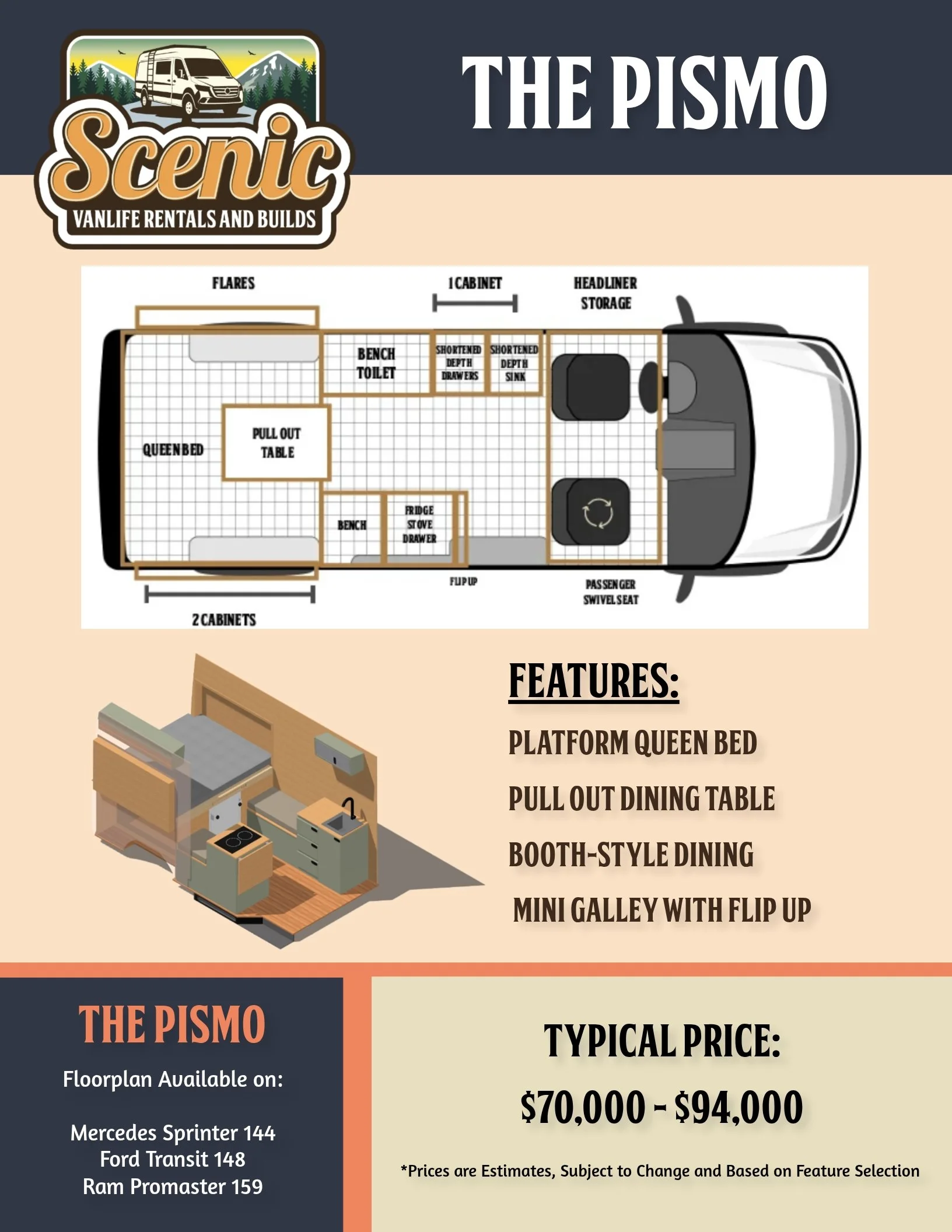 Pismo Floorplan Scenic Vans - Booth-Style Dining 144" Wheelbase Mercedes Sprinter Campervan