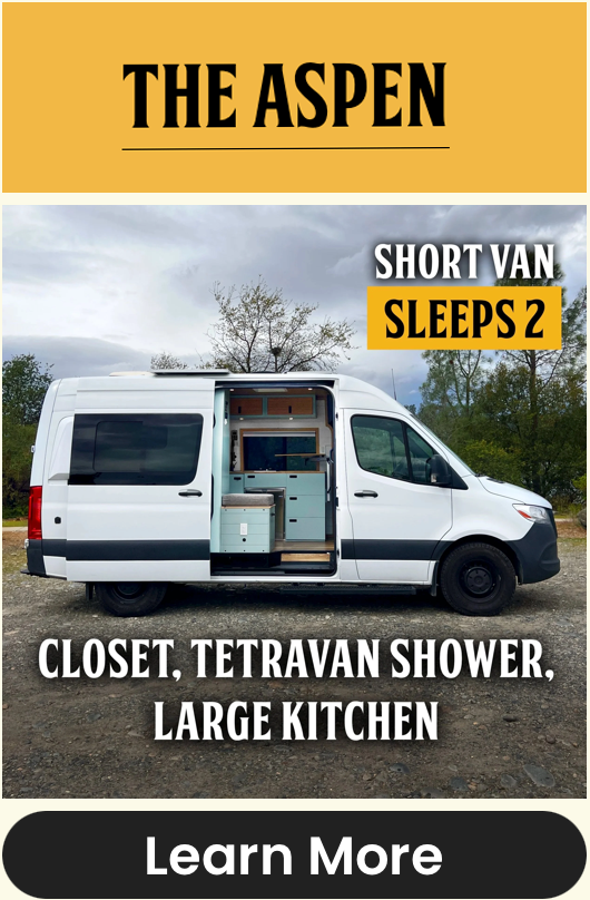 A white short wheelbase Mercedes Sprinter Renta Campervan with Tetravan Shower and closet 