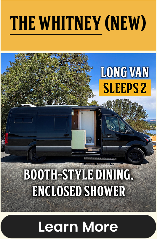 Black 170" Wheelbase Mercedes Sprinter Campervan Rental with Booth Style dining and Walk in Shower