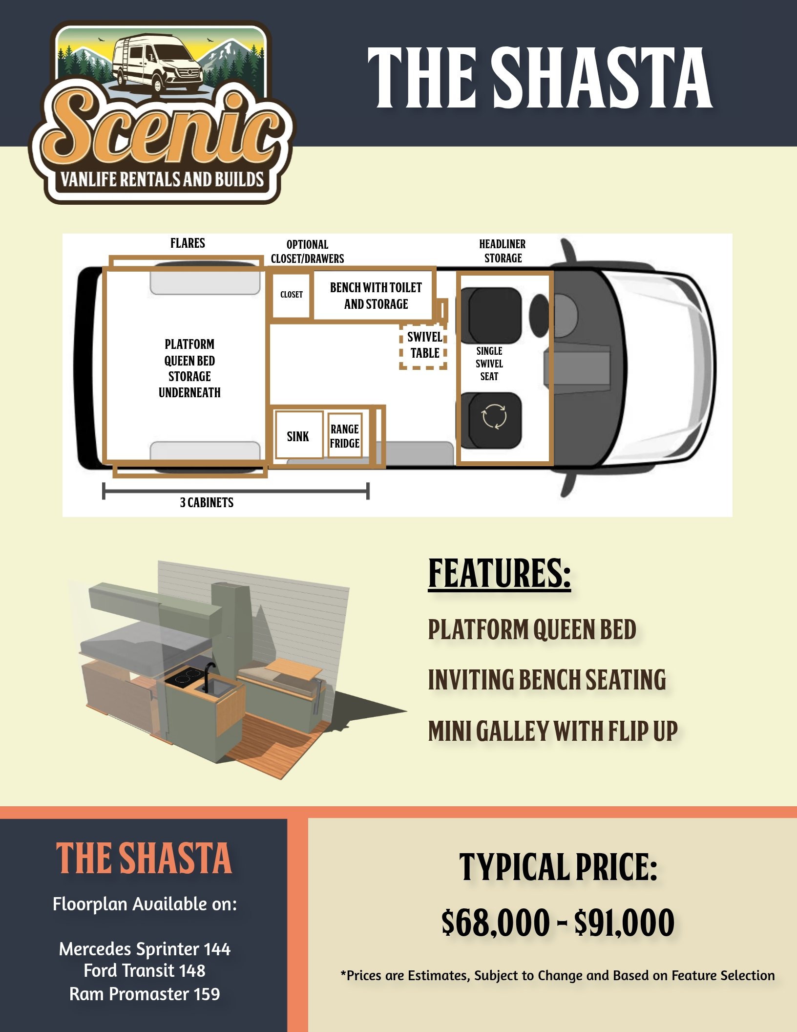 Shasta popular Floorplan Scenic Vans - Cloest, Kitchen, Bench 144" Wheelbase Mercedes Sprinter Campervan