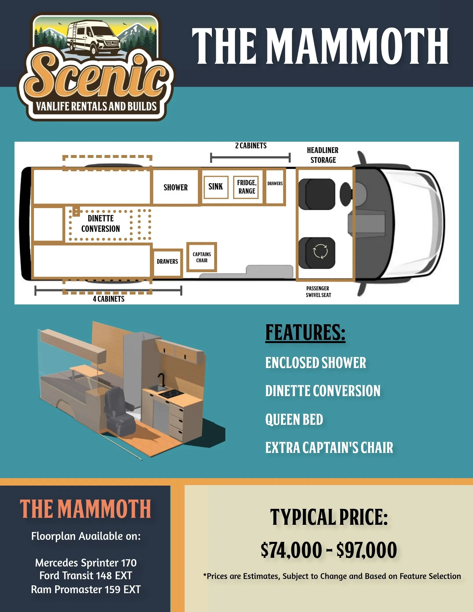 Mammoth Floorplan Scenic Vans - Booth-Style Dining 170" Mercedes Sprinter Campervan