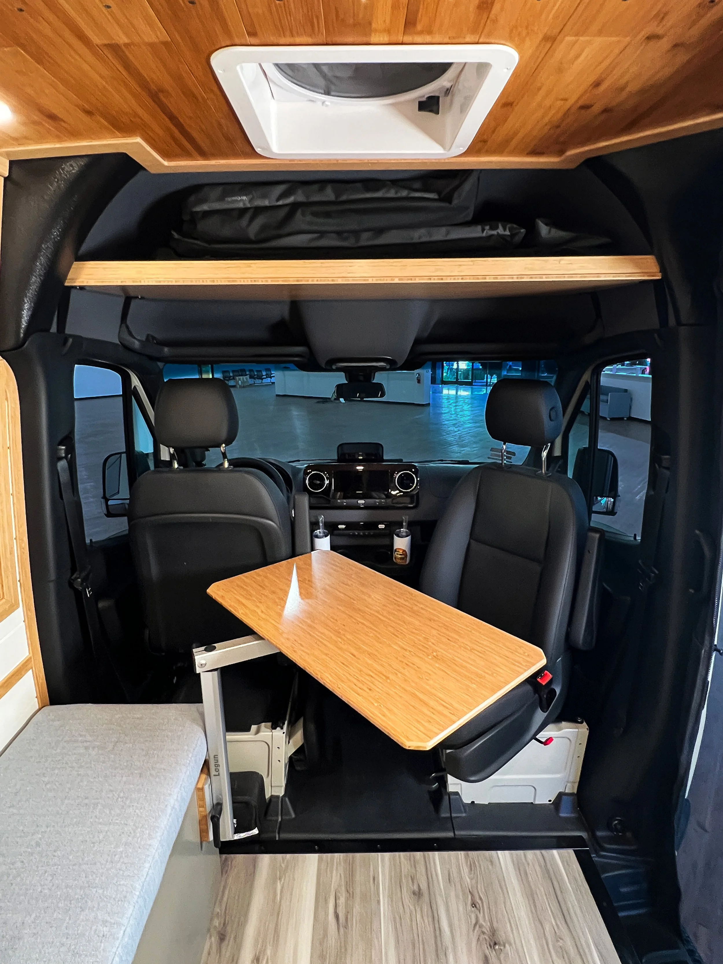 The Lagun table and the Passenger seat swivel to create the perfect dining area for two in this campervan.