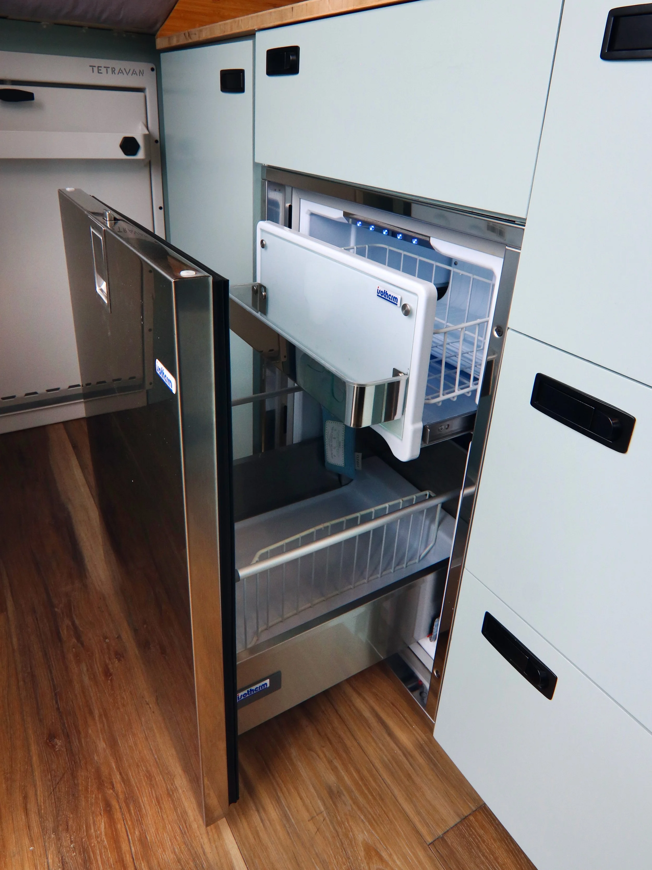 This campervan's large fridge even has a freezer!