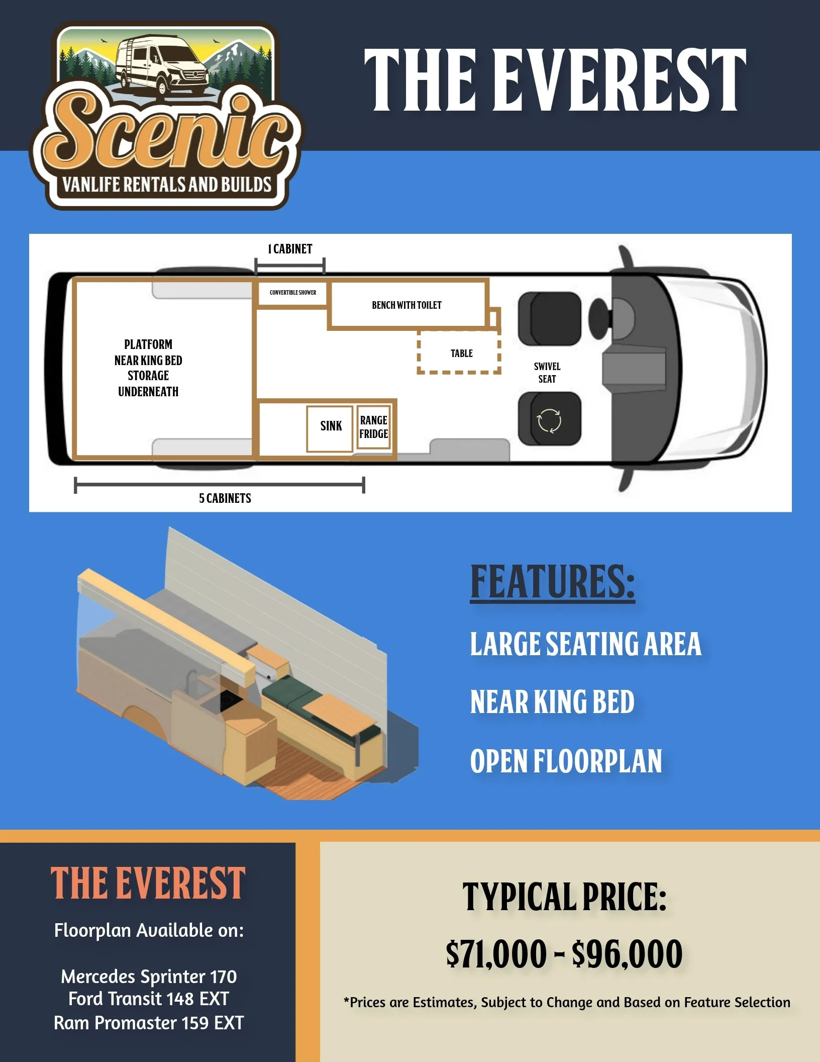 Everest Floorplan Scenic Vans - Huge Bench, No Indoor Shower 170" Mercedes Sprinter Campervan