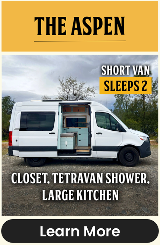 144" white Mercedes Sprinter short wheelbase campervan rental with convertible shower, closet, and large kitchen.