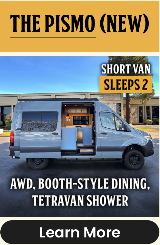 The Pismo - a blue gray short wheelbase Mercedes Sprinter Campervan Rental with booth style dining