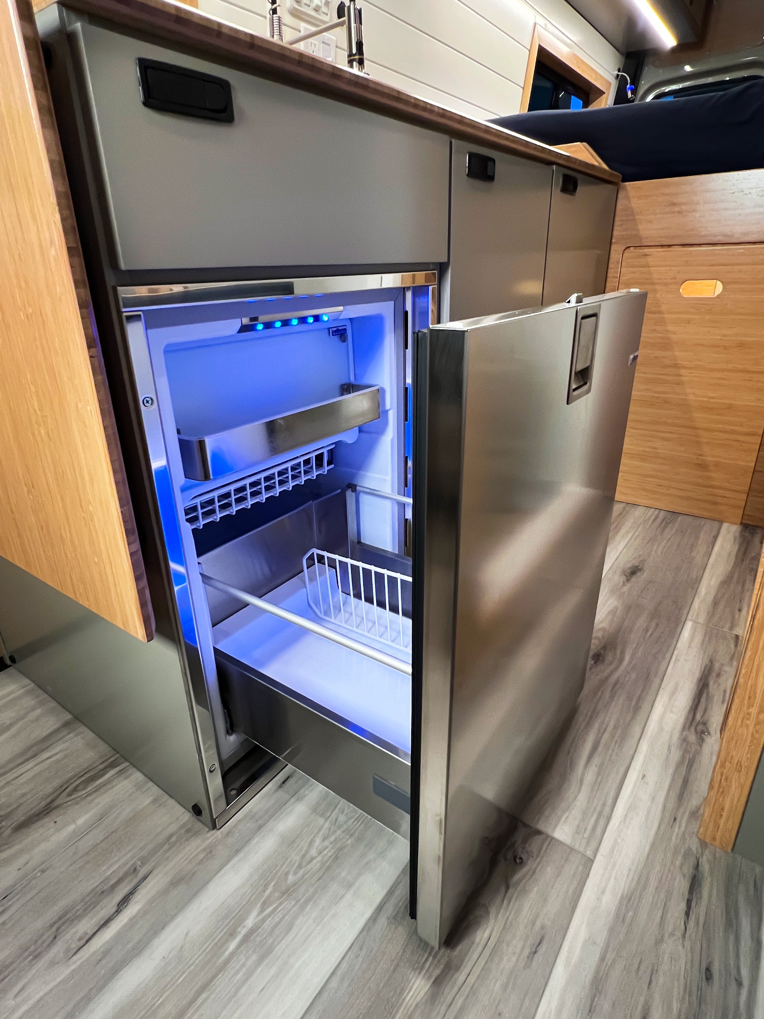 The 85L Isotherm fridge/freezer keeps all of your perishables fresh and ready to go on your trip - courtesy of the solar panels on top of the van providing a constant trickle charge.