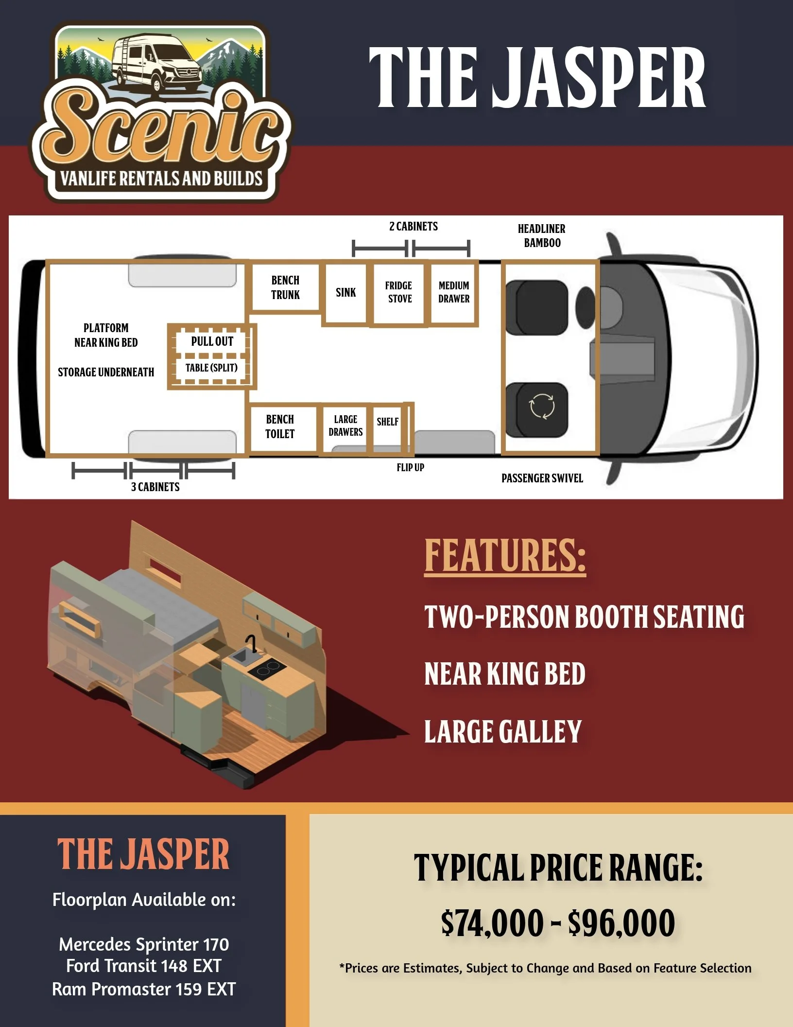 Jasper Floorplan Scenic Vans - Booth-Style Dining, No Shower - Storage instead, King Bed, 170" Wheelbase Mercedes Sprinter Campervan