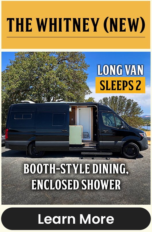 Black 170" Wheelbase Mercedes Sprinter Campervan Rental with Booth Style dining and Walk in Shower