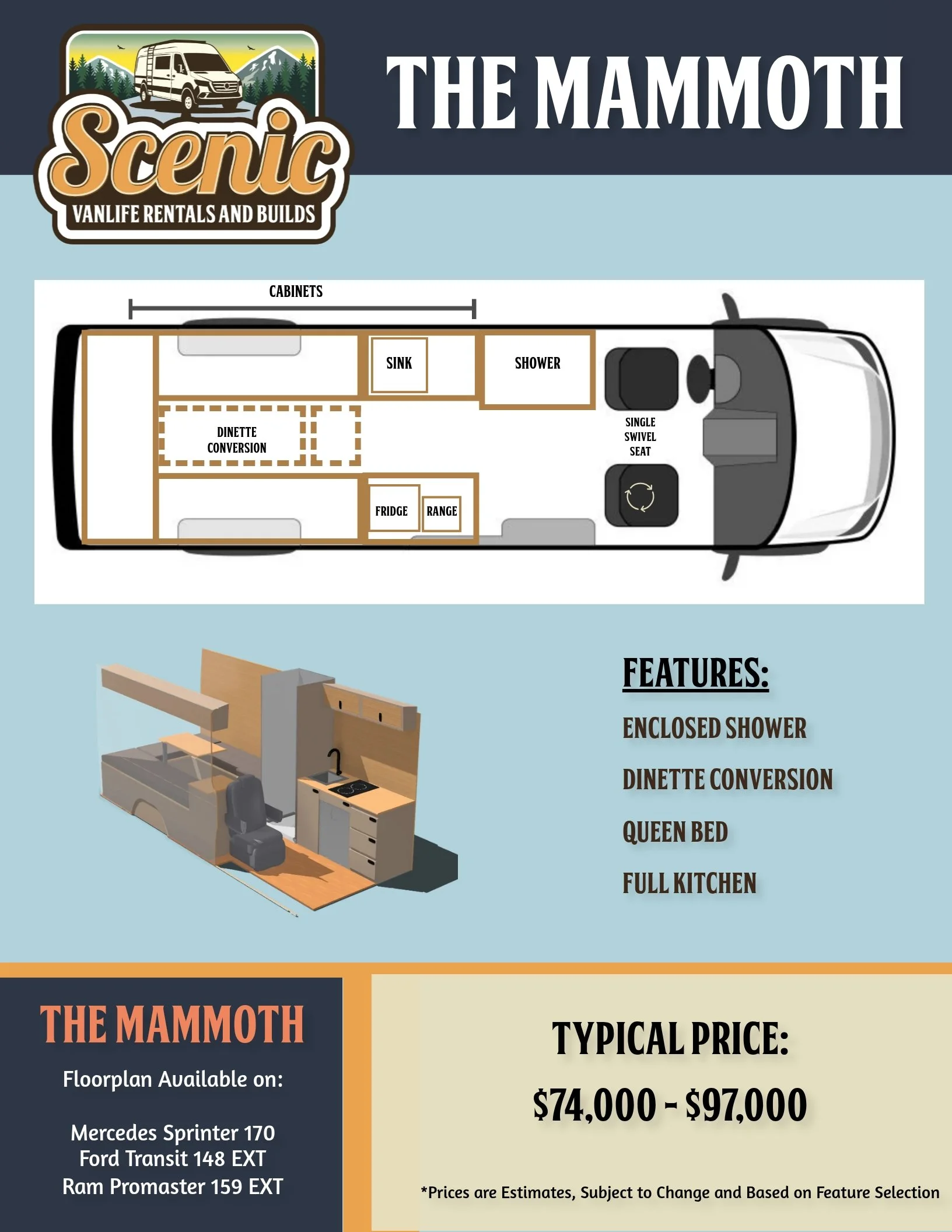 Mammoth Floorplan Scenic Vans - Additional Seating 170" Mercedes Sprinter Campervan