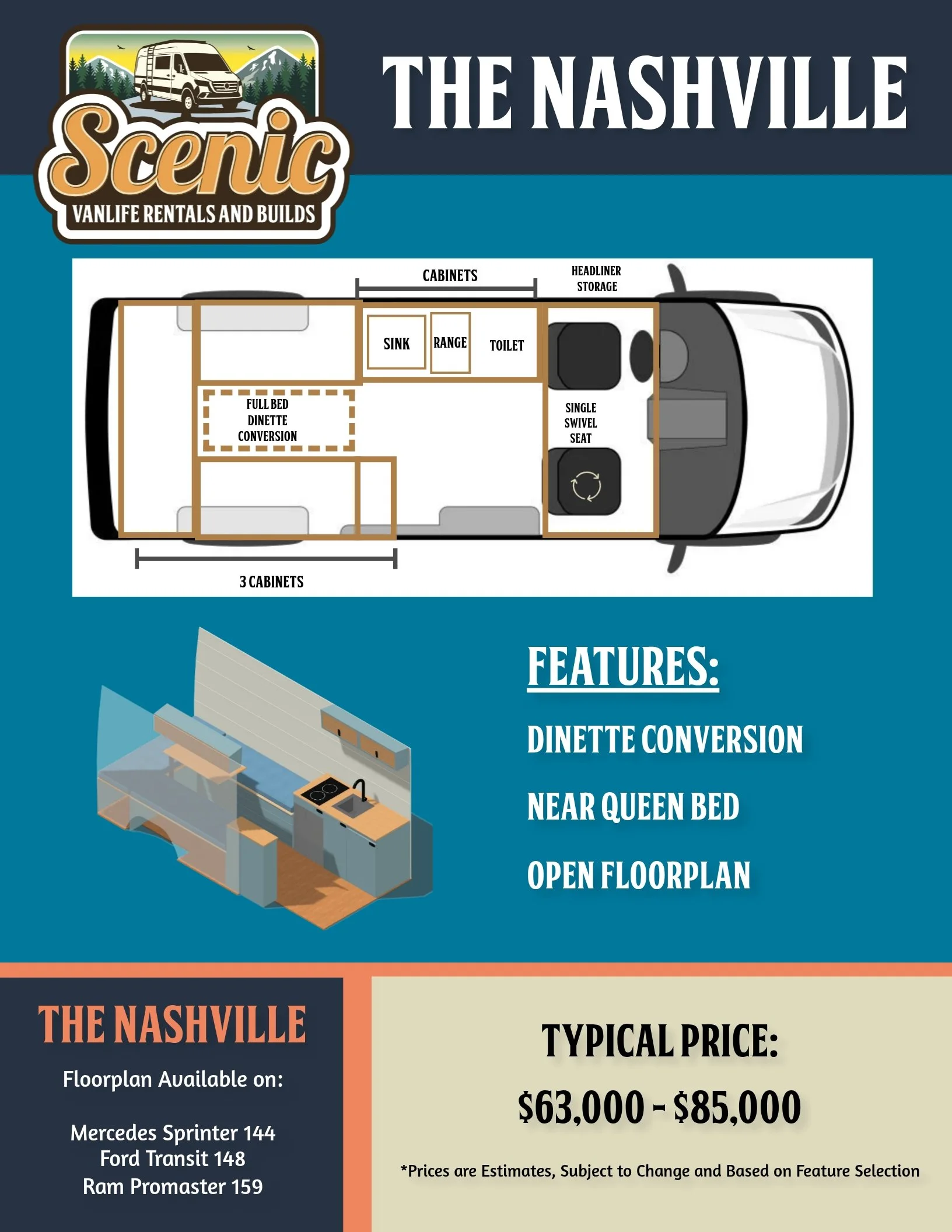 Nashville Floorplan Scenic Vans - Dinette Conversion into Queen Bed 144" Wheelbase Mercedes Sprinter Campervan