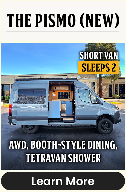 The Pismo - a blue gray short wheelbase Mercedes Sprinter Campervan Rental with booth style dining
