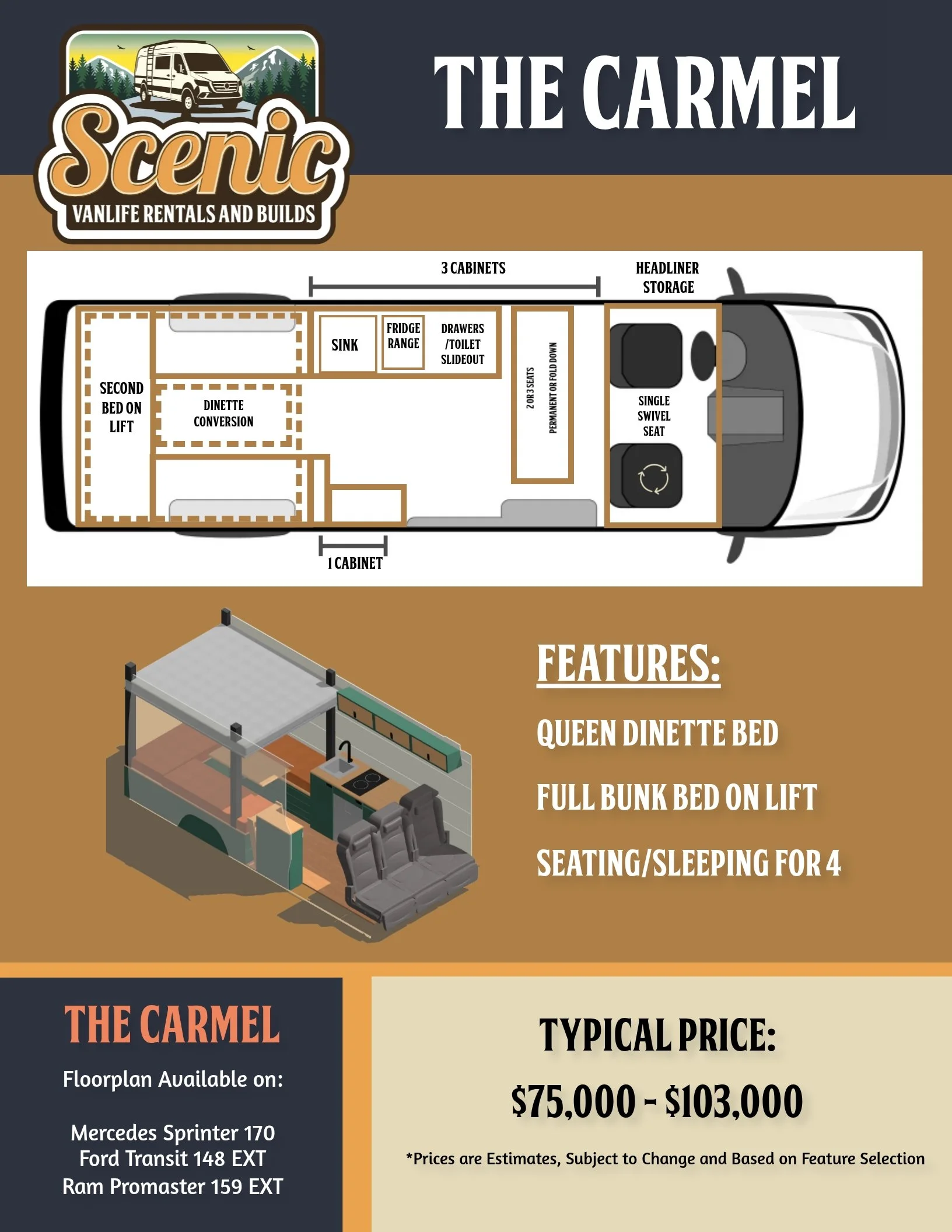 Carmel Floorplan Scenic Vans - Family Van - Additional Seating, Bunk Beds, 170" Mercedes Sprinter Campervan