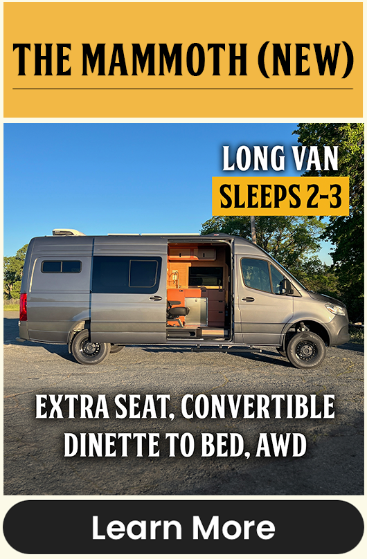 170" Long Wheelbase Grey Mercedes Sprinter Campervan Rental with 3 seats (an extra seat) and convertible dinette to queen bed