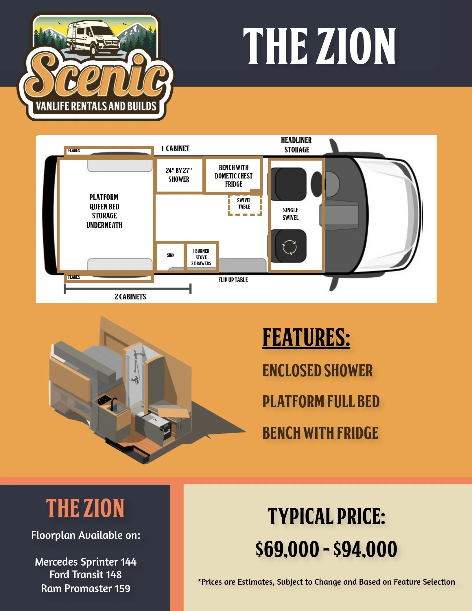 Zion Floorplan Scenic Vans - Indoor Enclosed Shower on short van 144" Wheelbase Mercedes Sprinter Campervan