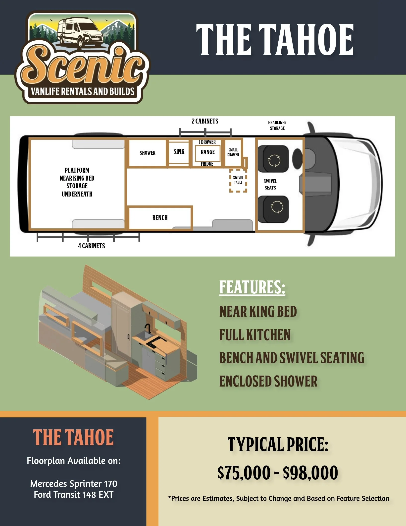 Tahoe Floorplan Scenic Vans - Enclosed Indoor Shower, Driver Side Kitchen, 170" Mercedes Sprinter Campervan