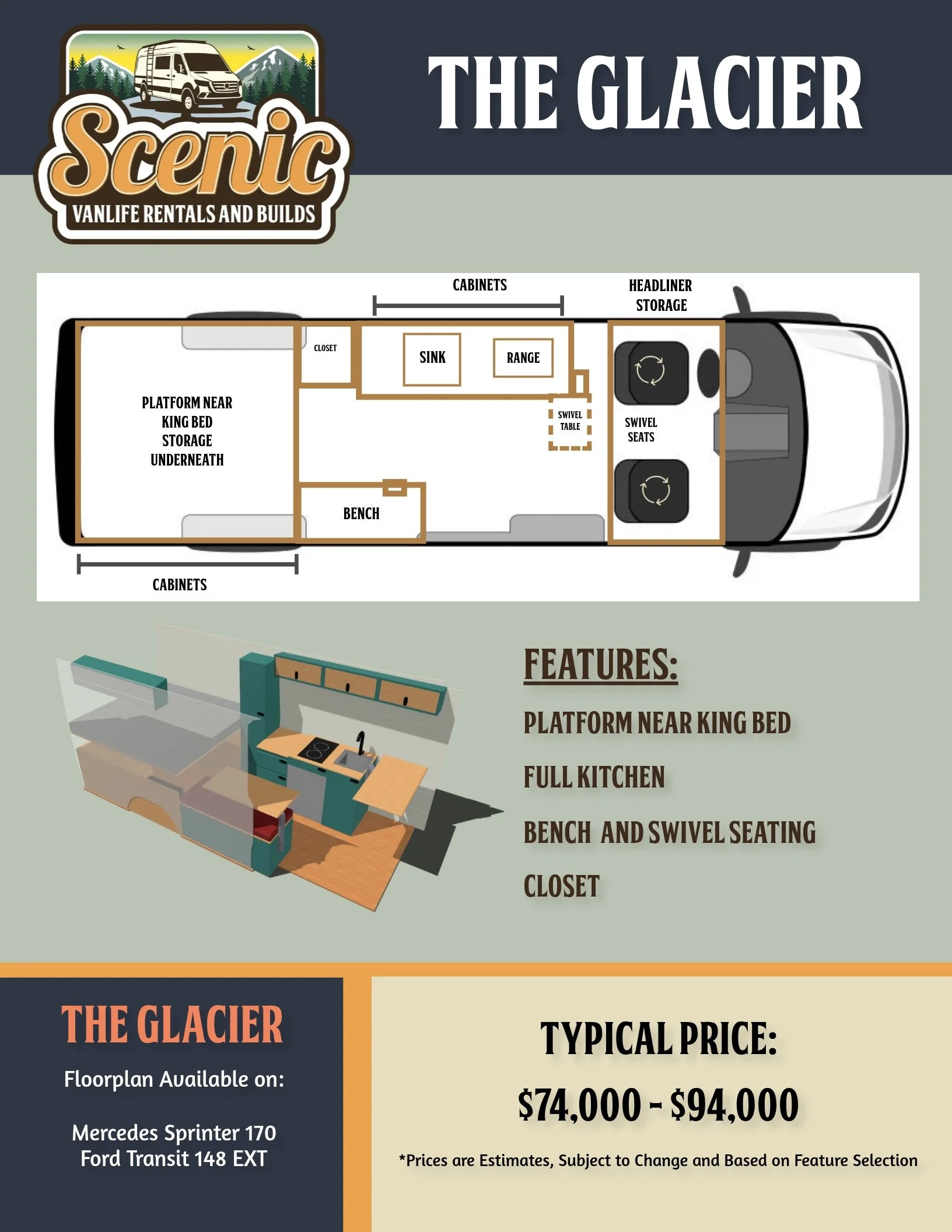 Glacier Floorplan Scenic Vans - Huge Kitchen, No Indoor Shower 170" Mercedes Sprinter Campervan