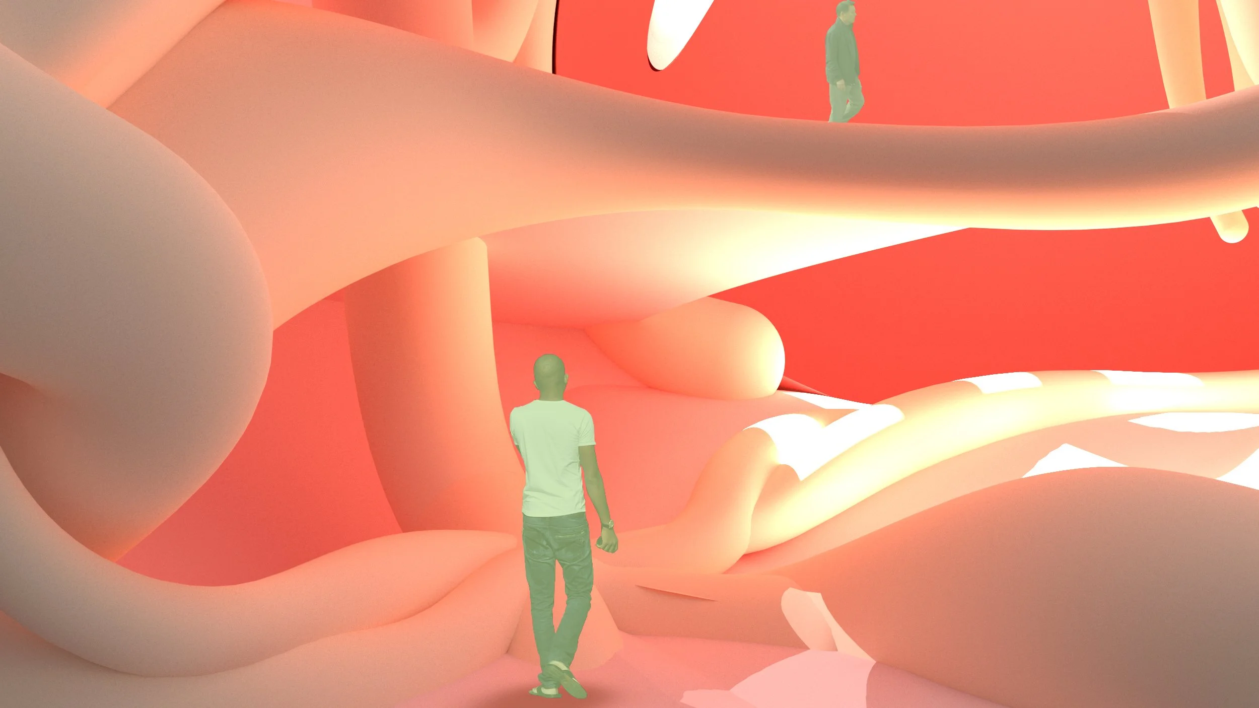 Two people inside a large, abstract, orange-pink sculpture with smooth, flowing shapes and openings, one person in the foreground walking and the other in the background standing, both immersed in the surreal environment.
