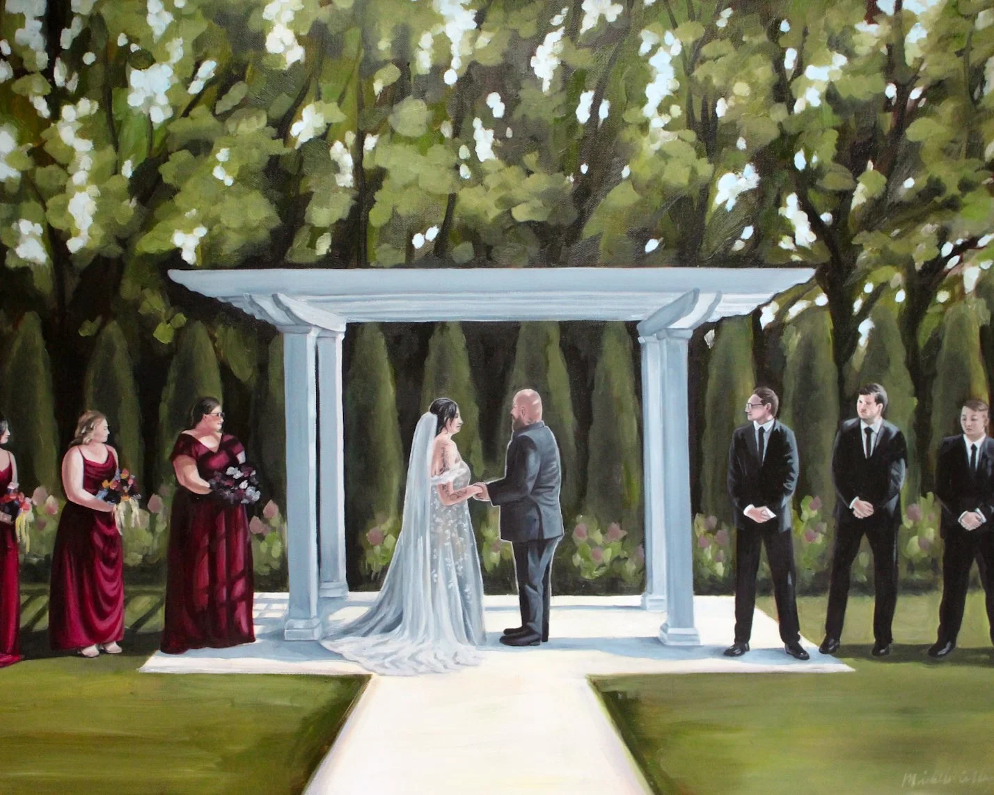 A wedding ceremony under a white canopy with a bride and groom holding hands, surrounded by bridesmaids and groomsmen, outdoors among green trees.