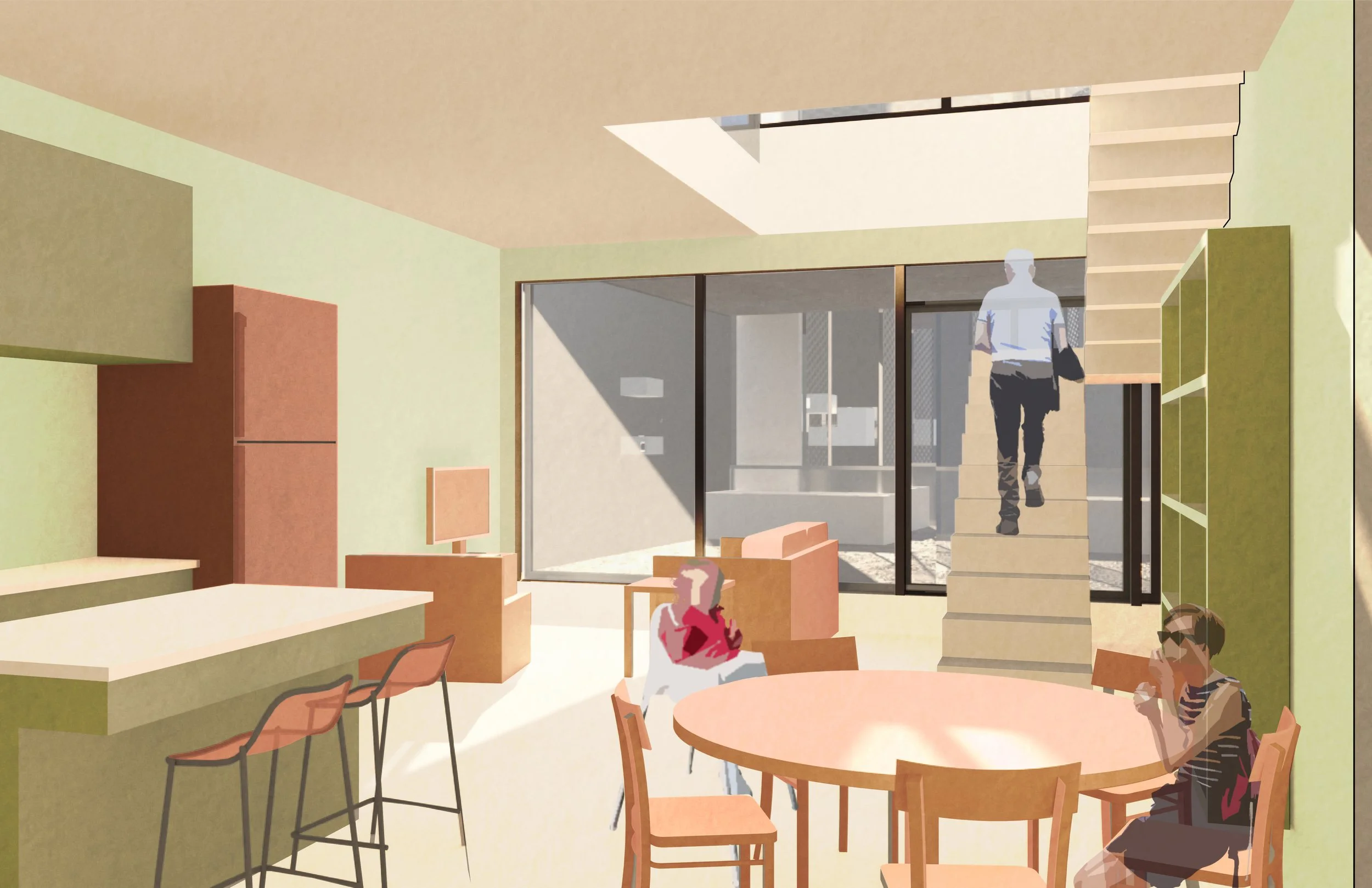 Interior of a modern kitchen and dining area with a round table, chairs, a green bookshelf, and a person sitting at the table wearing sunglasses. A staircase leads upstairs, with a person walking up carrying a bag, and a large window letting in natur