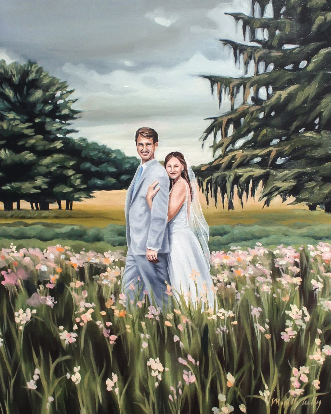 A painting of a happy couple in wedding attire standing in a field of pink and white flowers with trees and cloudy sky in the background.