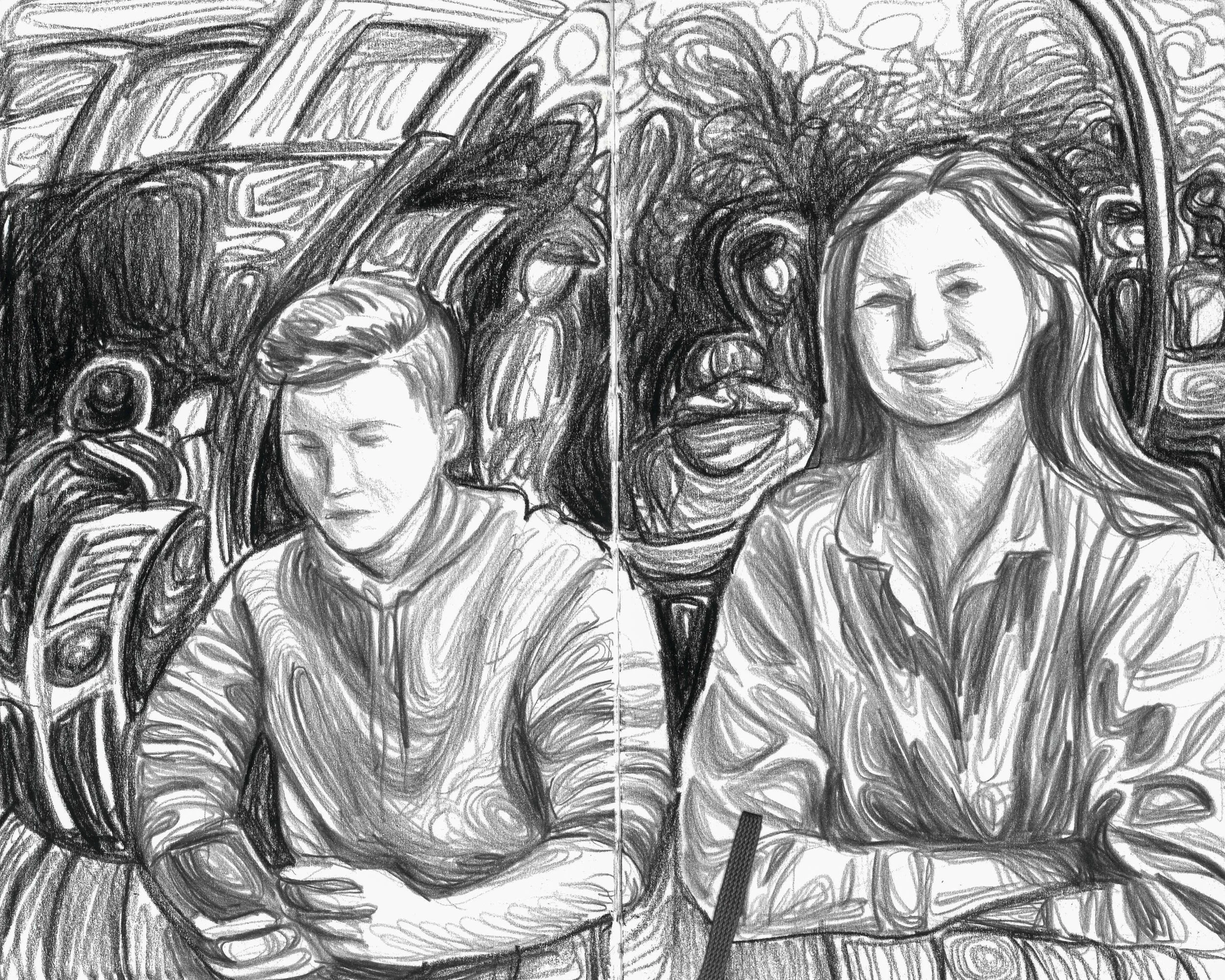 A pencil sketch of a woman and a young man in front of an abstract, textured background.