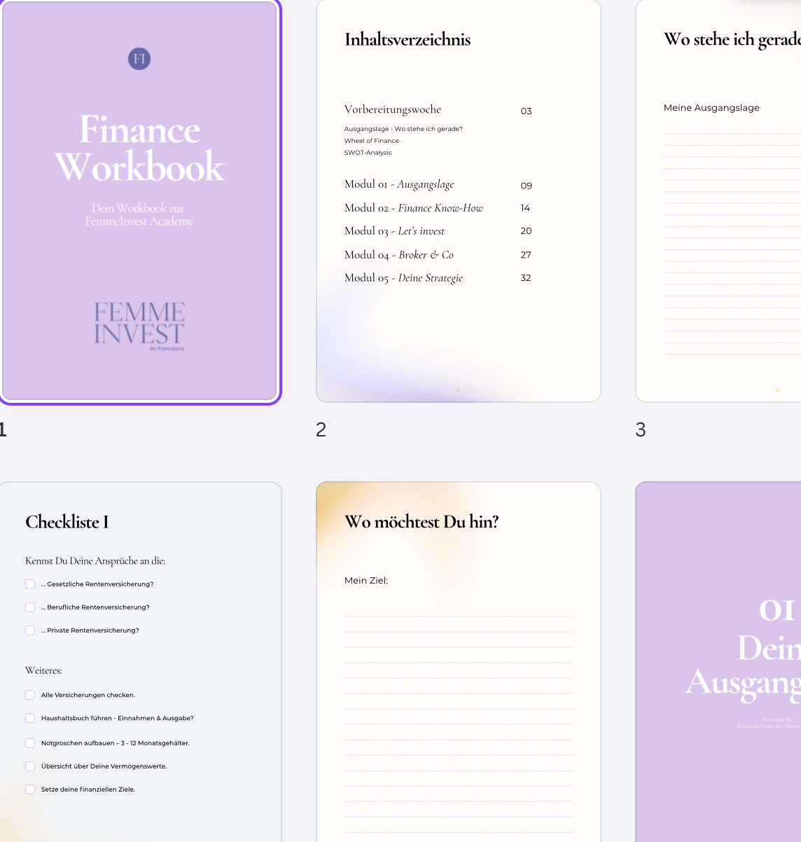Finance Workbook FemmeInvest Academy - Uebersicht aller Seiten und Inhalte