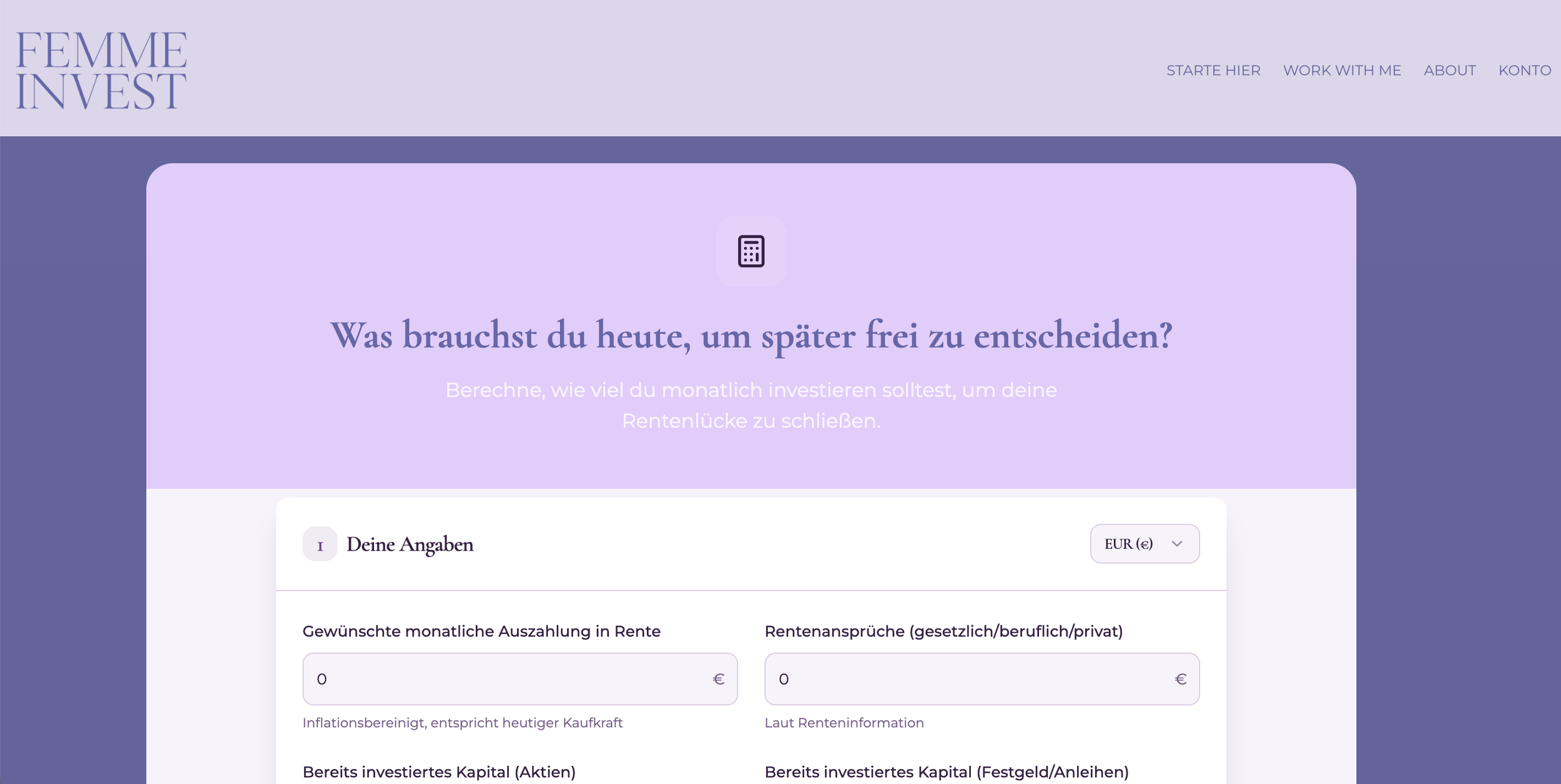 Screenshot der FemmeInvest Kursplattform mit Finanzplan-Formular