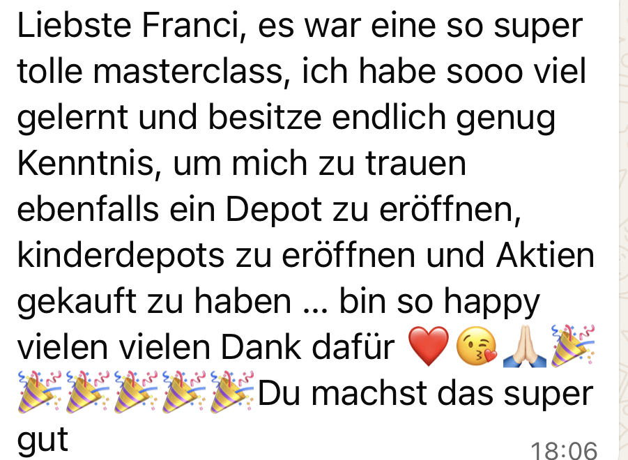Kundinnenstimme FemmeInvest Academy - Depot und Kinderdepots eroeffnet, so happy