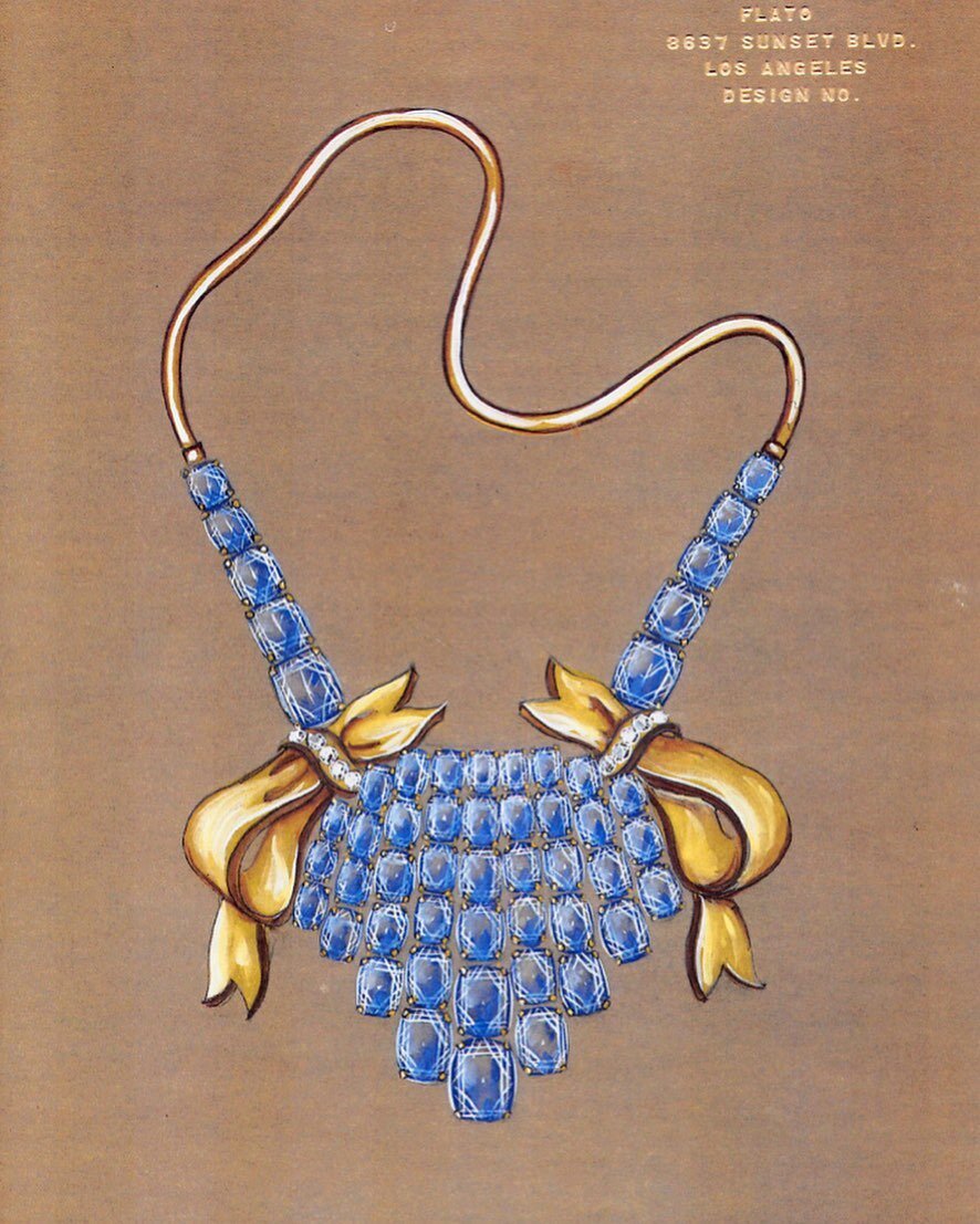 Bib necklace of sapphires, diamonds, &amp; 18kt gold. Gouache on parchment. FLATO, ca. 1940. 

Bid necklaces composed of drippy jeweled fringe decorated with gold bows were a Flato staple in the early 1940s. The style was executed in a variety of sto