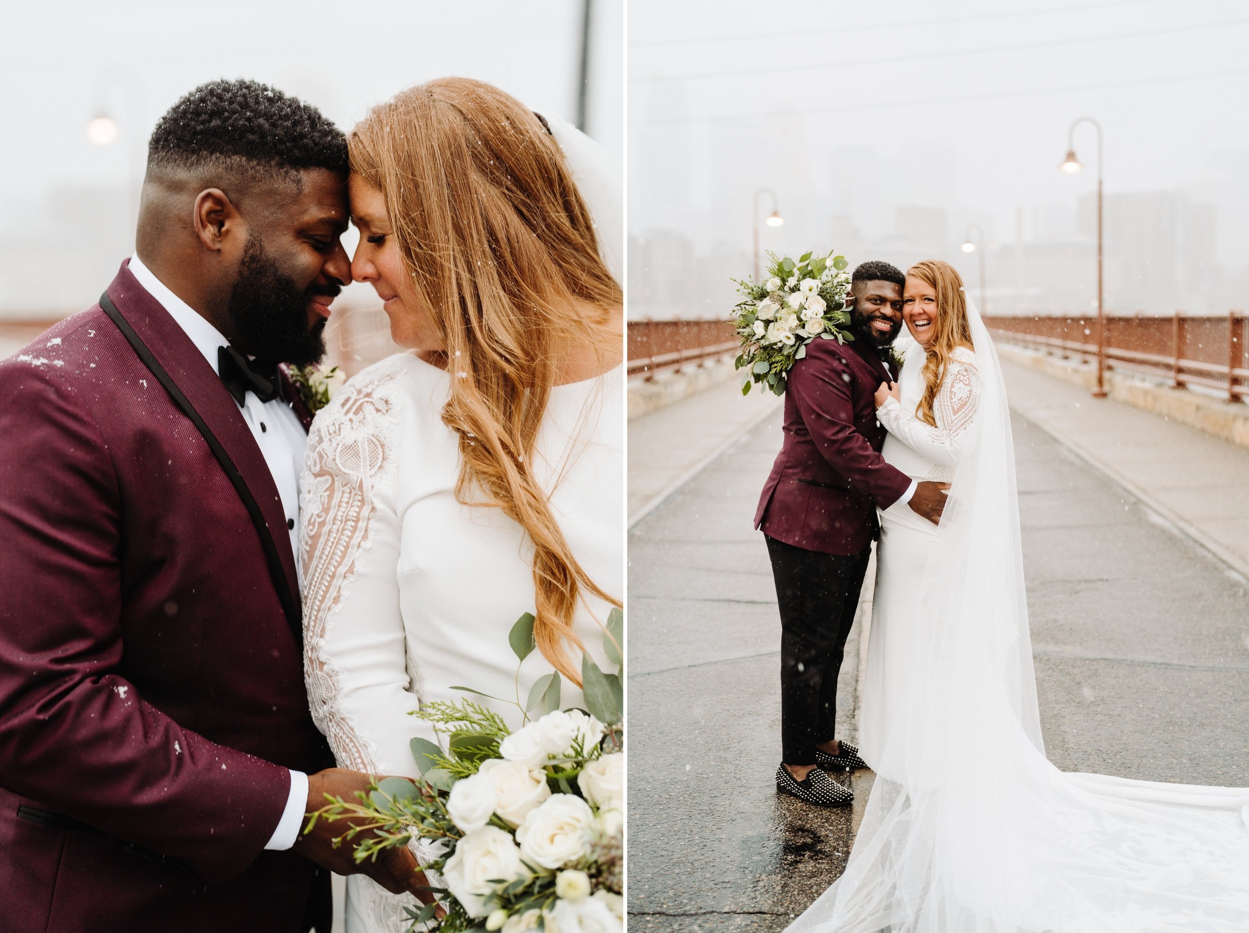 038_Winter bride and groom photos by Stone Arch Bridge in Minneapolis, Minnesota..jpg