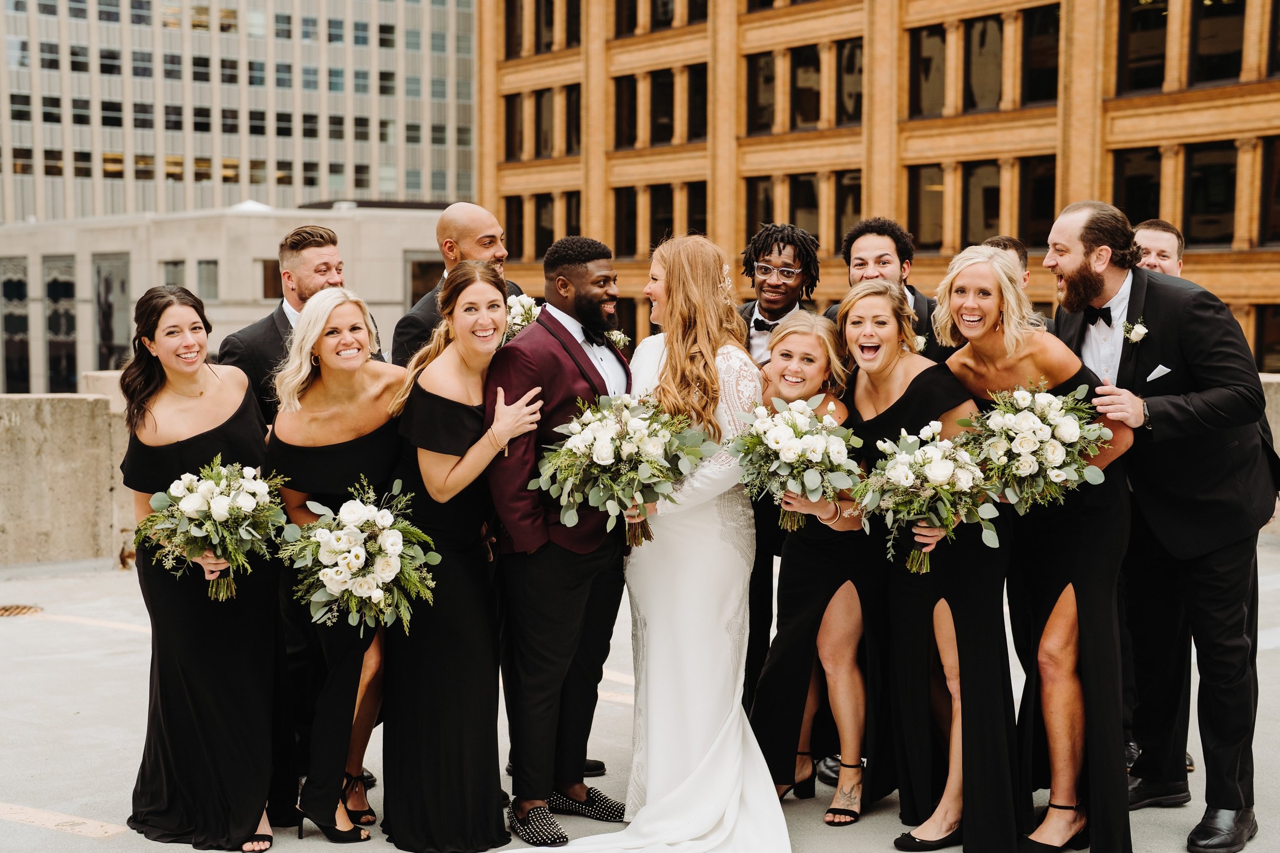 045_Bridal party photos in Minneapolis, Minnesota on a parking ramp by Lumbar Exchange wedding venue..jpg