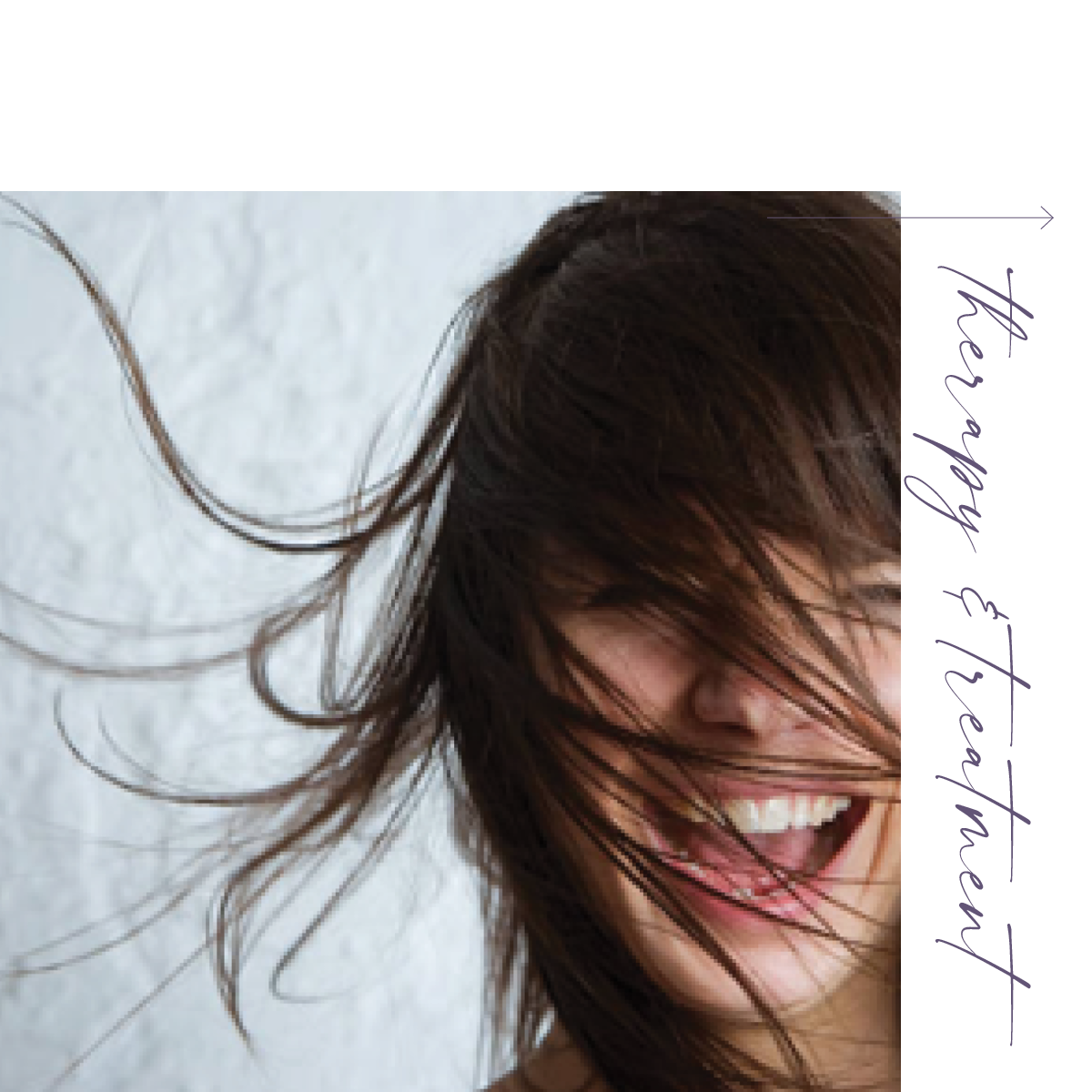 A woman with brown hair smiling and laughing with her hair blowing in the wind, against a light background. Text overlay says "Wellness Care, Therapy & Treatment".