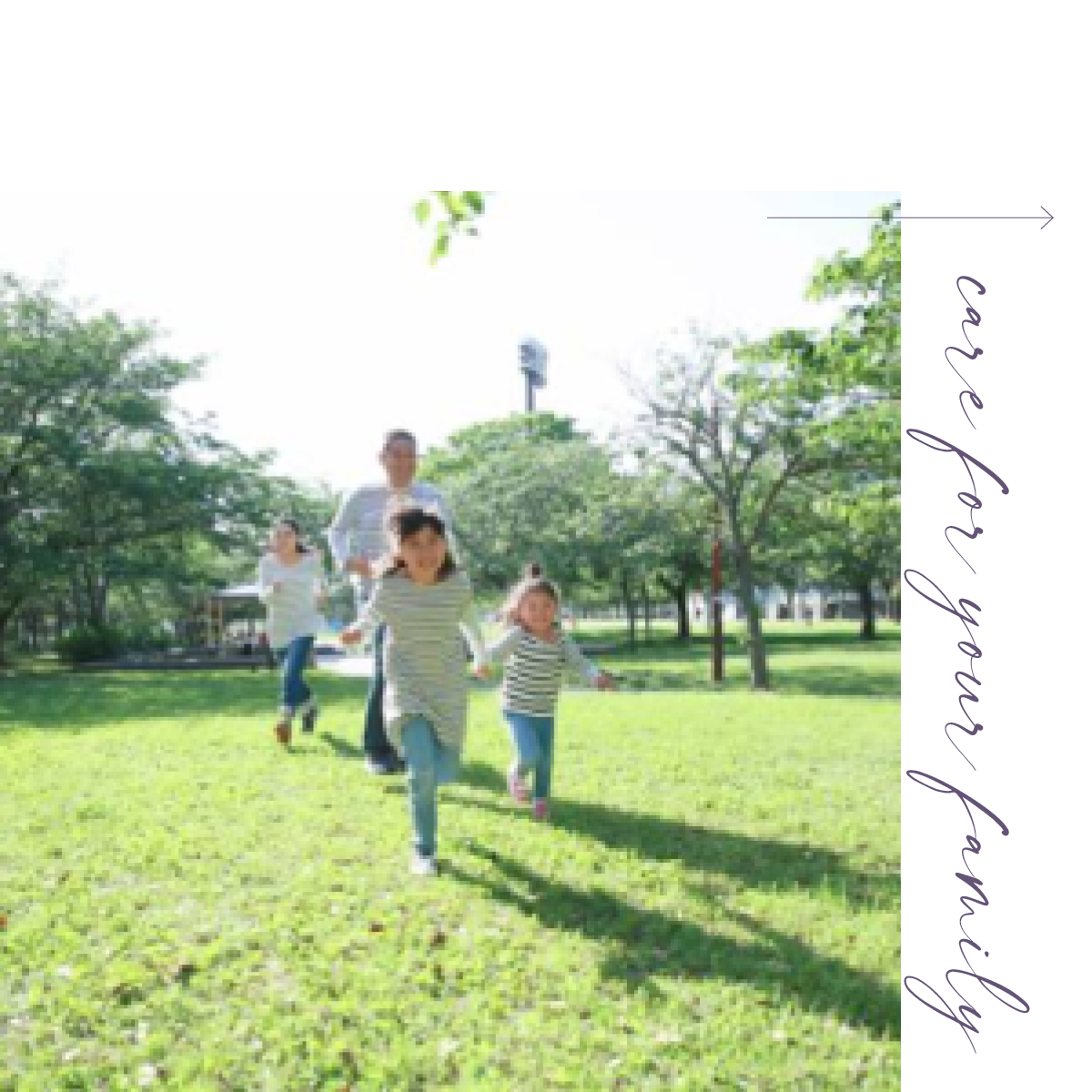 Children and adults running outdoors on a sunny day in a park with green grass and trees. Text overlay says "Primary & Integrative Care, Care for Your Family".