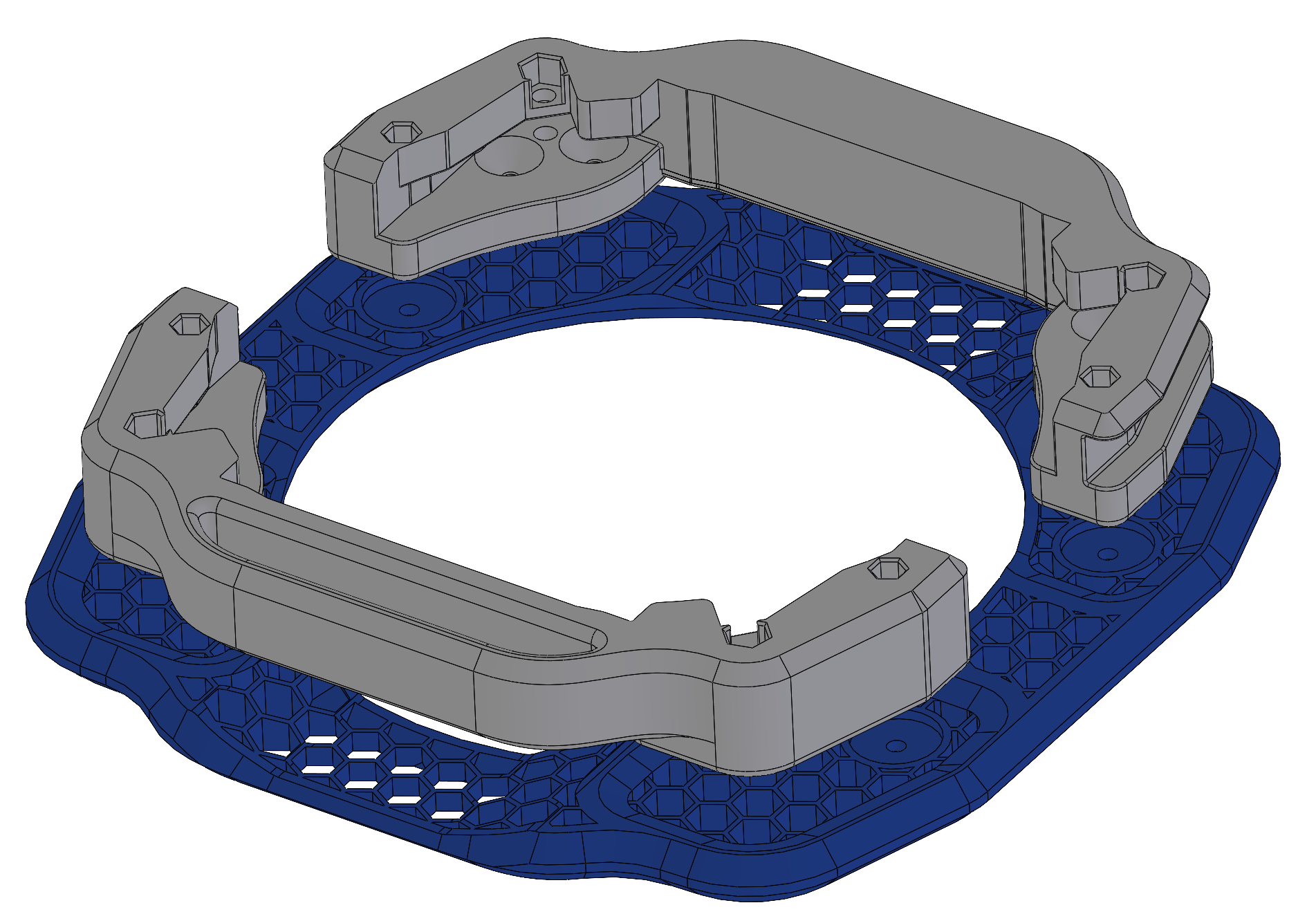 3D CAD model of a mechanical or electronic device part with a hexagonal-patterned base, gray mounting brackets, and structural components.